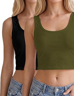 AURUZA Women's Cotton Crop Tank Tops 2 Pack, U Neck Sleeveless Soft Stretch Basic Cami Tops for Daily Wear