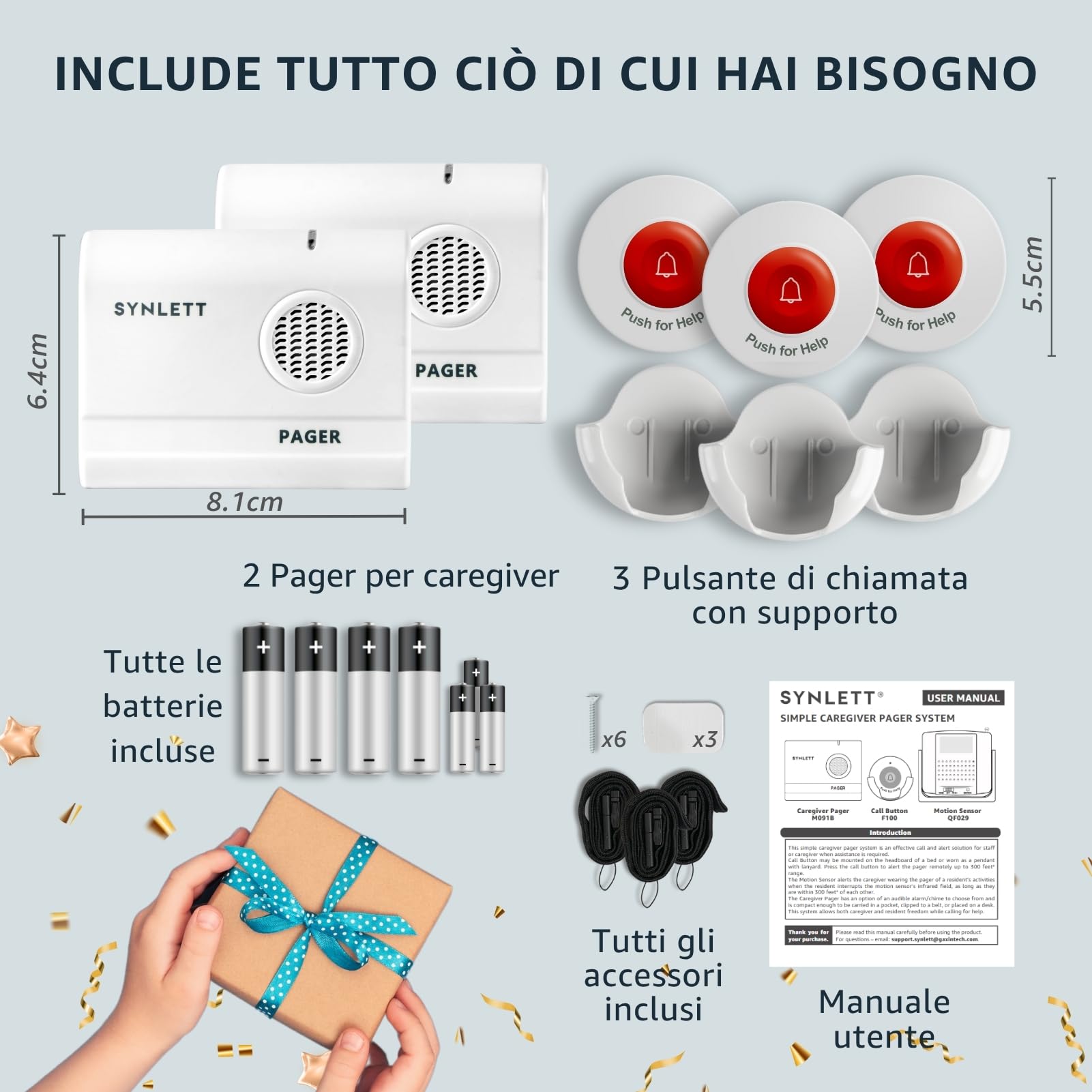 Cercapersone Wireless con 3 Pulsanti SOS e 2 Pager – Sistema di Allarme Portatile per Caregiver, Chiamata Infermieristica, Pazienti, Case di Cura ed Emergenze a Casa