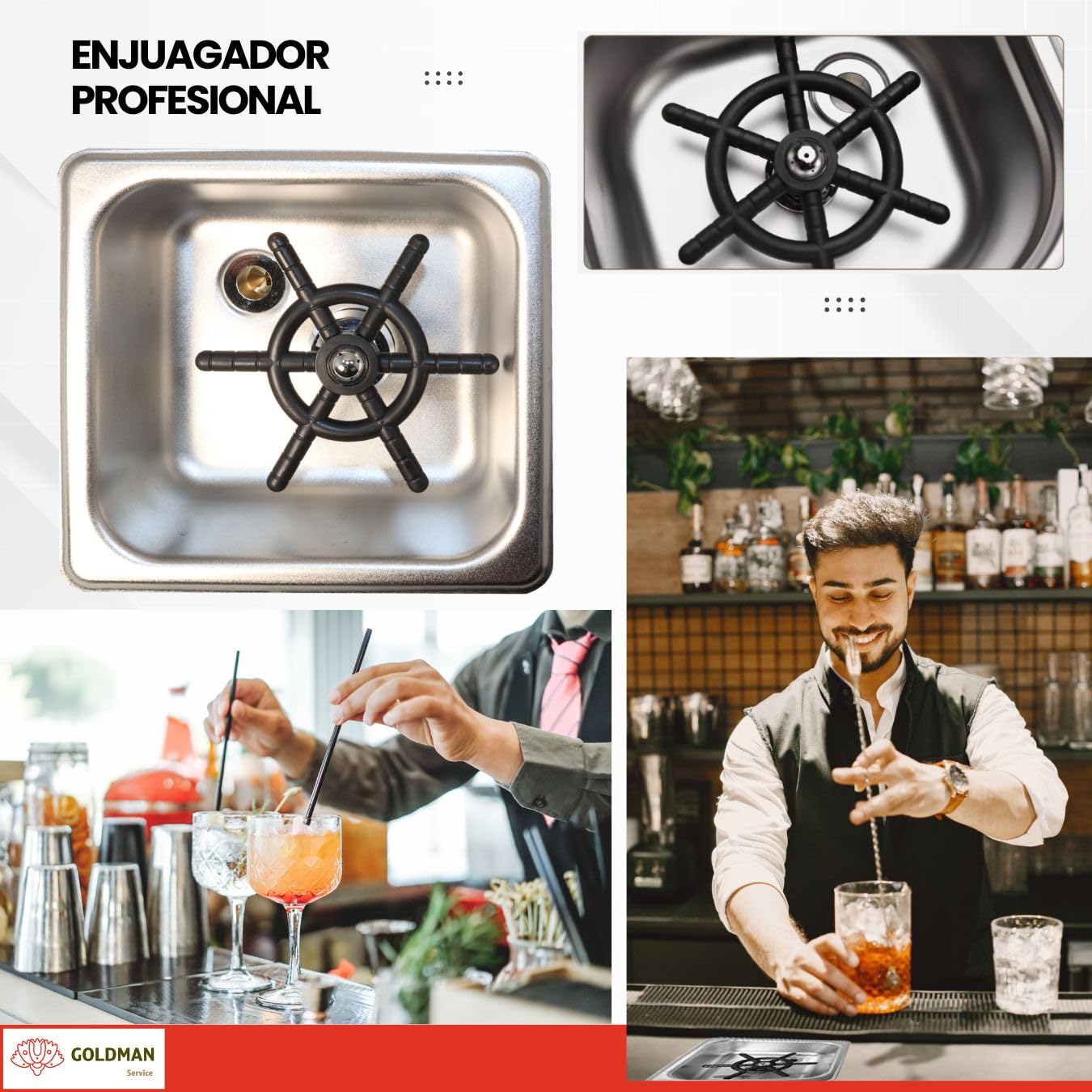 GOLDMAN SERVICE | Enjuagador de Vidrio Automático de Alta Presión para Fregadero Cocina - Limpiador de Vidrio Profesional con Vasija Cuadrada Acero Inoxidable | Medidas: 17 x 16 cm