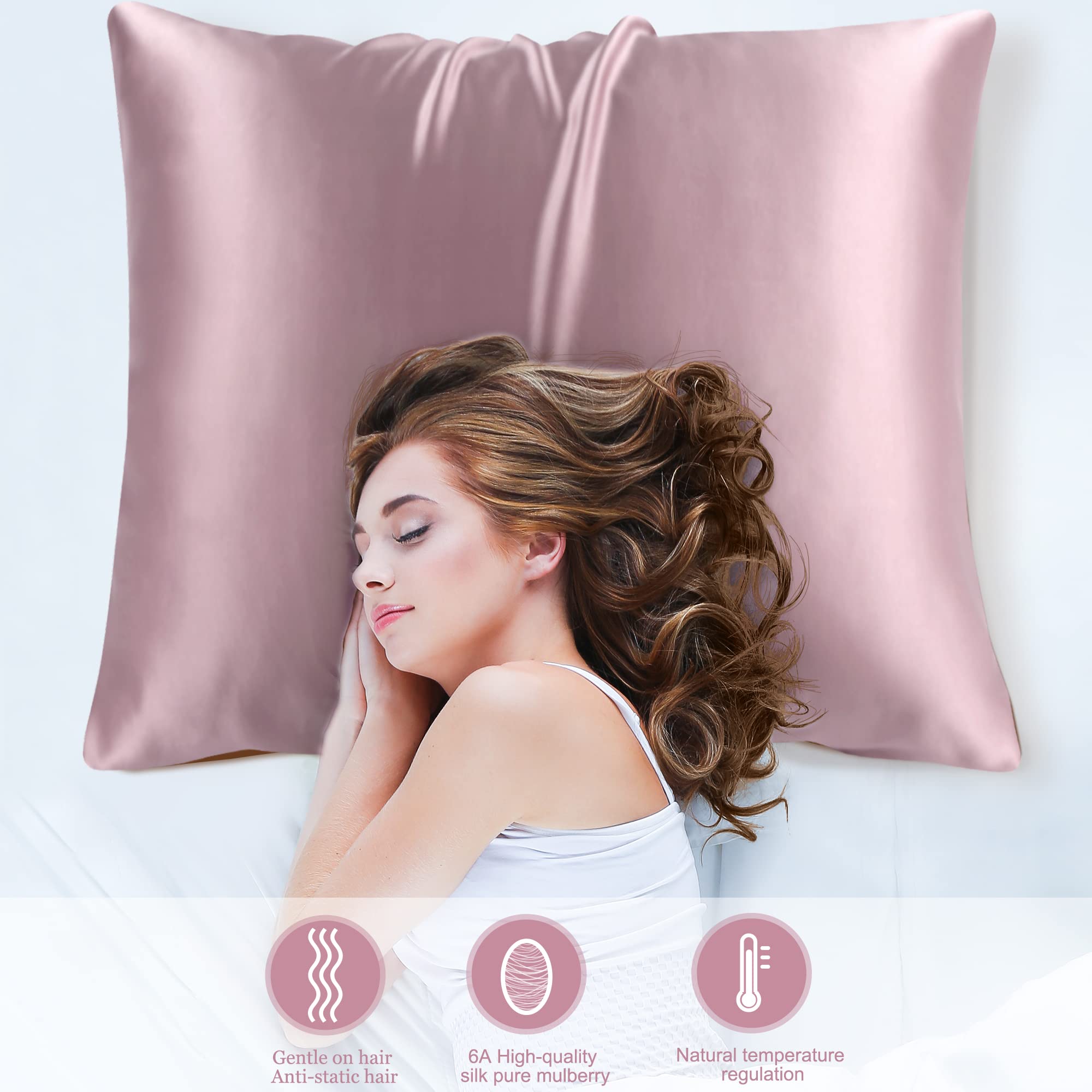 PiccoCasa 22 Momme 100% Seide Kissenbezug Haar- und Hautpflege Kissenhülle Maulbeerseide Kopfkissenbezug mit Reißverschluss & Geschenkbox, Mauve 80x80cm