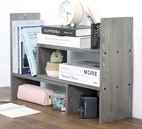 MyGift Estante organizador de escritorio de madera maciza gris piedra vintage ajustable, estante para libros, decoración de escritorio de oficina en