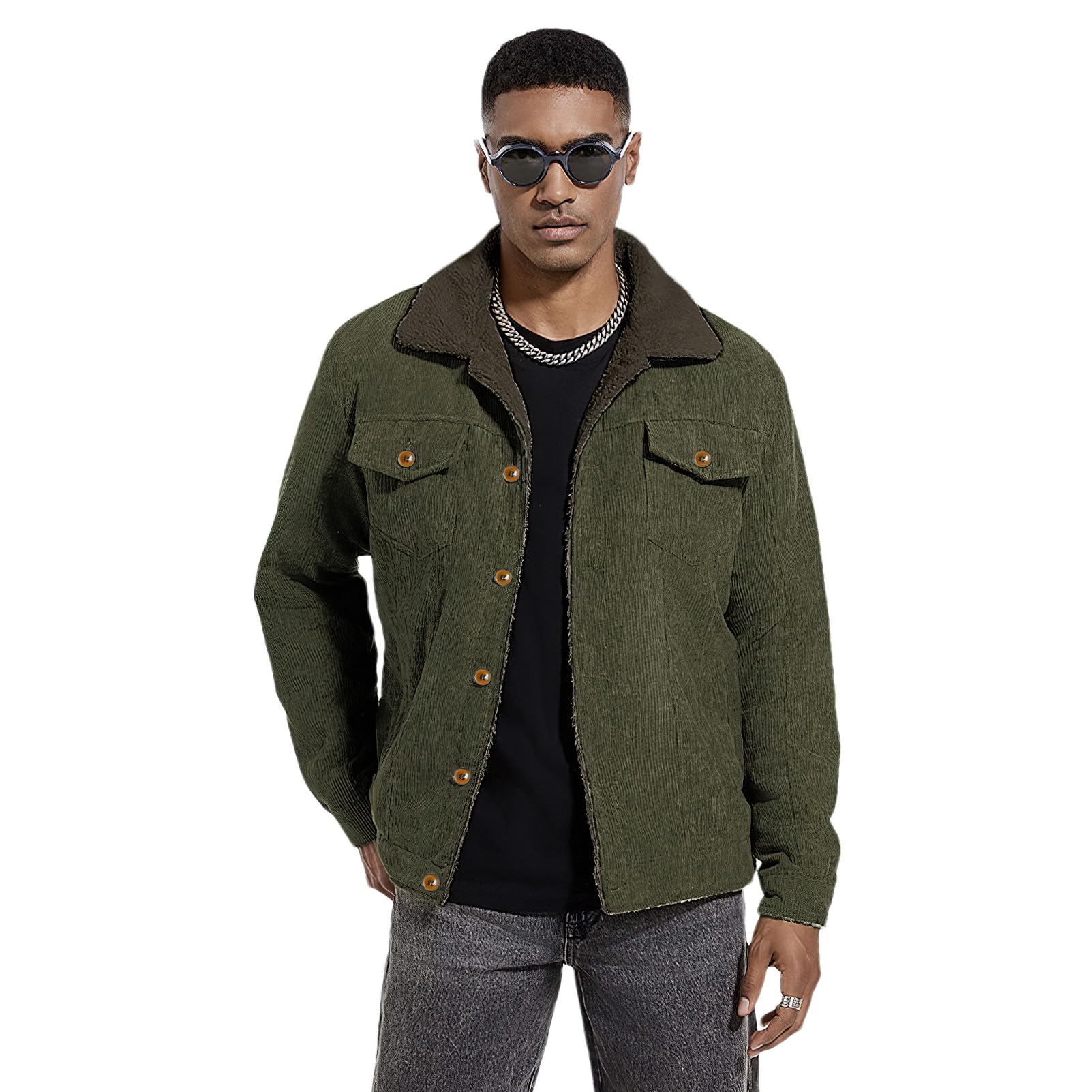 ANUFER Hommes Hiver Velours Côtelé Veste Doublé Sherpa Thermique Trucker Manteau