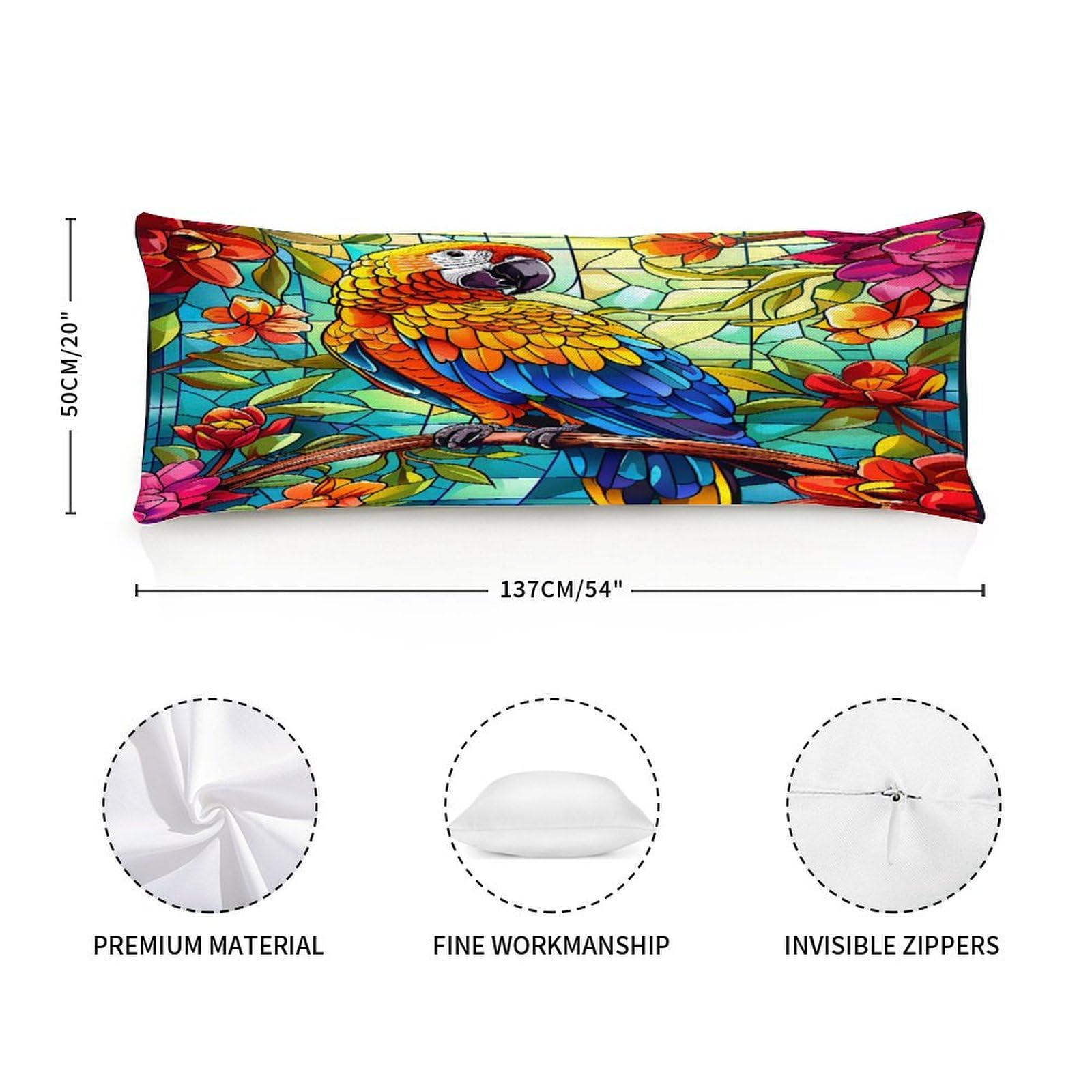 Rebbygena Parrot Stained Glass Long Body Pillow Case Cover for Pregnant Women Adults 20x54in,Machine Washable Soft Bed Long Body Pillow Cover with Zipper