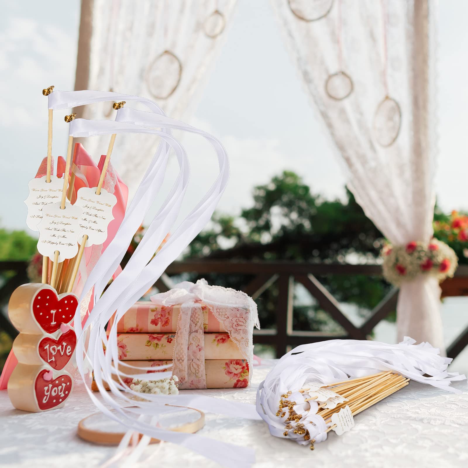Janinka 200 Sets Hochzeits-Stäbe mit Stäben und Glocken, Großpackung Schleifenband, Tänzer-Stäbe, Wunderkerzen, Hochzeitsgeschenke, Luftschlangen, Party-Dekorationen, Weiß