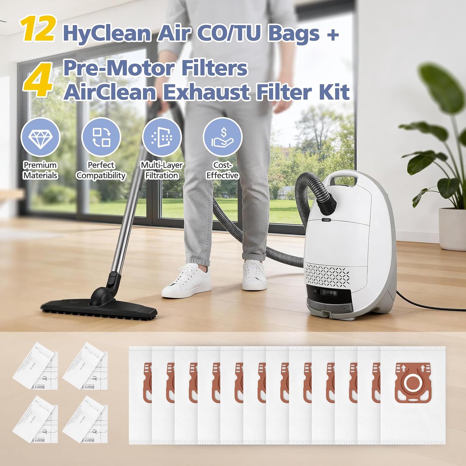 12 Pack HyClean Air TU/CO Vacuum Cleaner Bags Compatible witn Miele Guard L1 M1 S1 Series Vacuum Cleaners, 12 Vacuum Bags, 4 AirClean Exhaust Filters, 4 Pre-Motor Filters