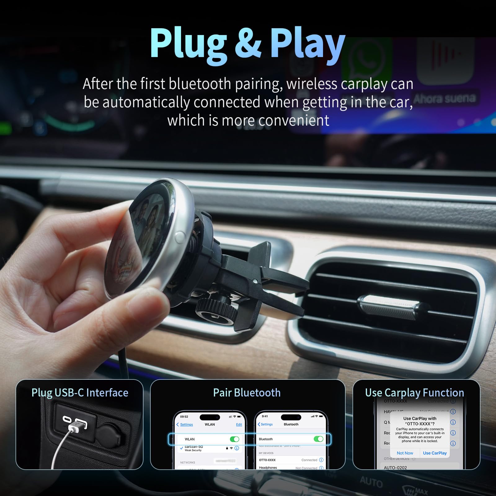 OTTOCAST Adattatore Carplay Wireless Clip, Dongle Wireless CarPlay Plug & Play con Display Elettronico può Mostrare Orologio Immagini Copertina di Album Musicali Compatibile con Auto con Wired CarPlay