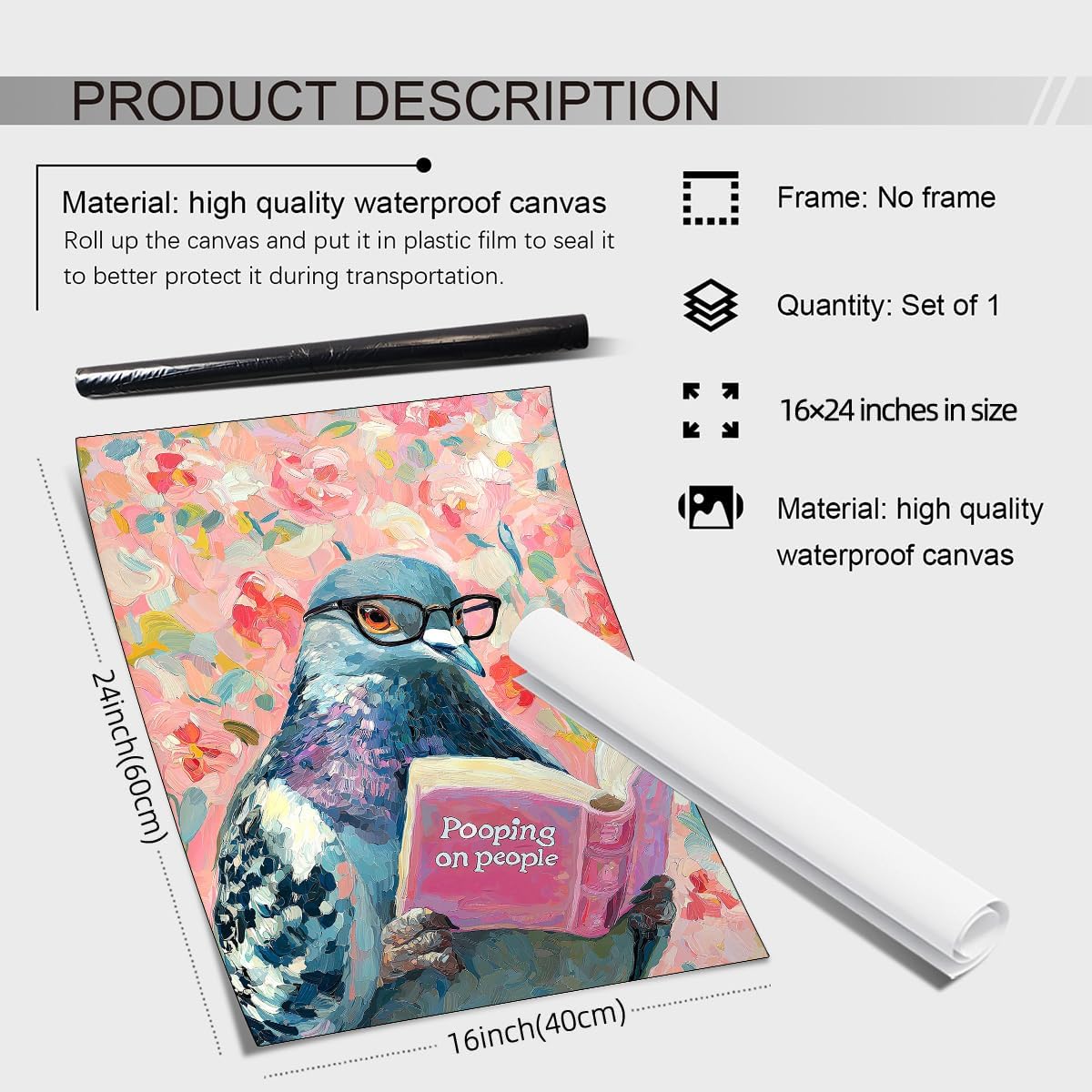 Funny Bathroom Animal Wall Art Pigeon Pooping on People Book Prints Humorous Bird Reading Posters Trendy Bathroom Sign Picture 16x24inch Framed for Bedroom Dorm Toilet Decor