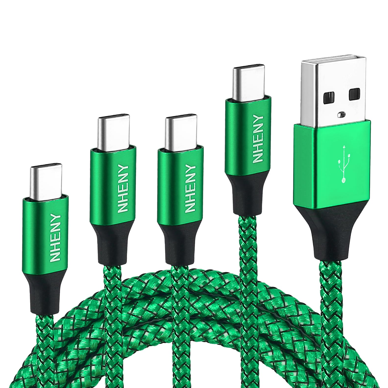 Cavo di ricarica di tipo C verde USB C Premium in nylon lucido intrecciato cavo di ricarica rapida, confezione da 4 pezzi, 3 m, 0,8 x 1,8 m, 0,9 m, per telefono serie 15/16 Plus, Note 10/S10, LG