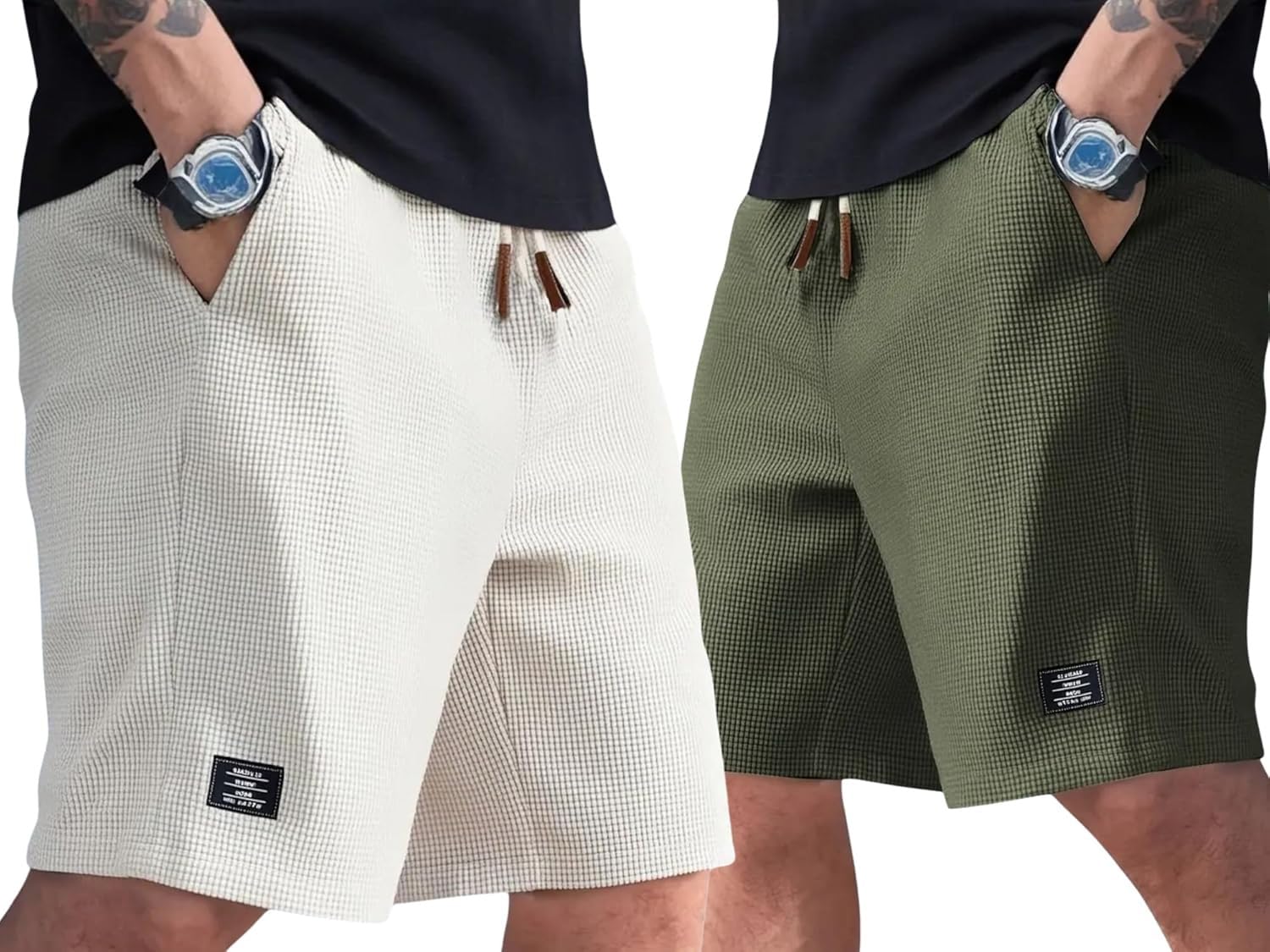 DBAX Men’s Textured Shorts Combo Pack (Pack of 2) | Waffle Knit Casual Shorts | Elastic Waist Summer Wear (Beige-Blue)-image-15