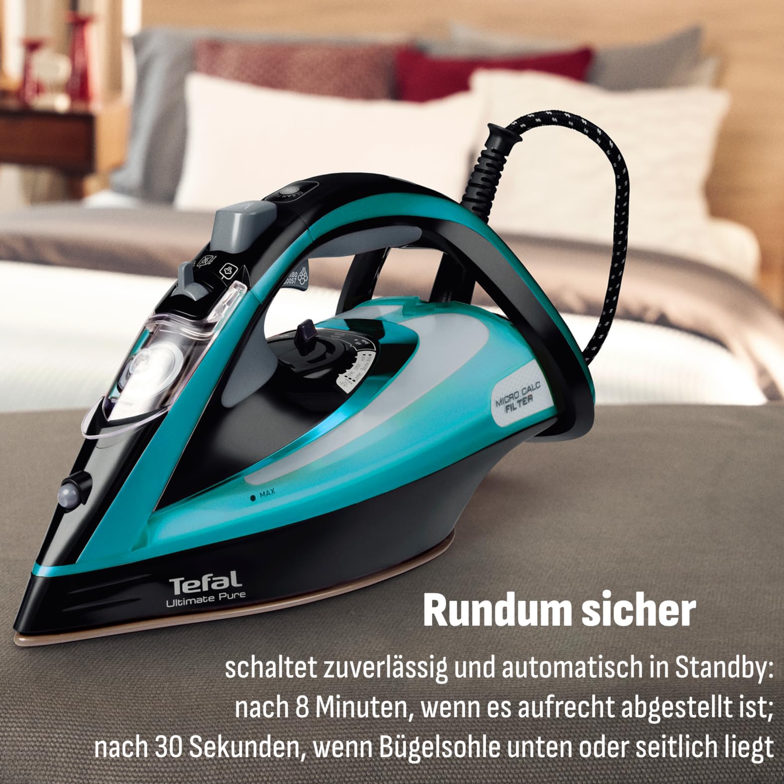 Tefal Dampfbügeleisen Ultimate Pure 3200 W 1,2 kg Micro-Calc-Filter Durilium Airglide Autoclean-Bügelsohle FV9844 schwarz/türkis
