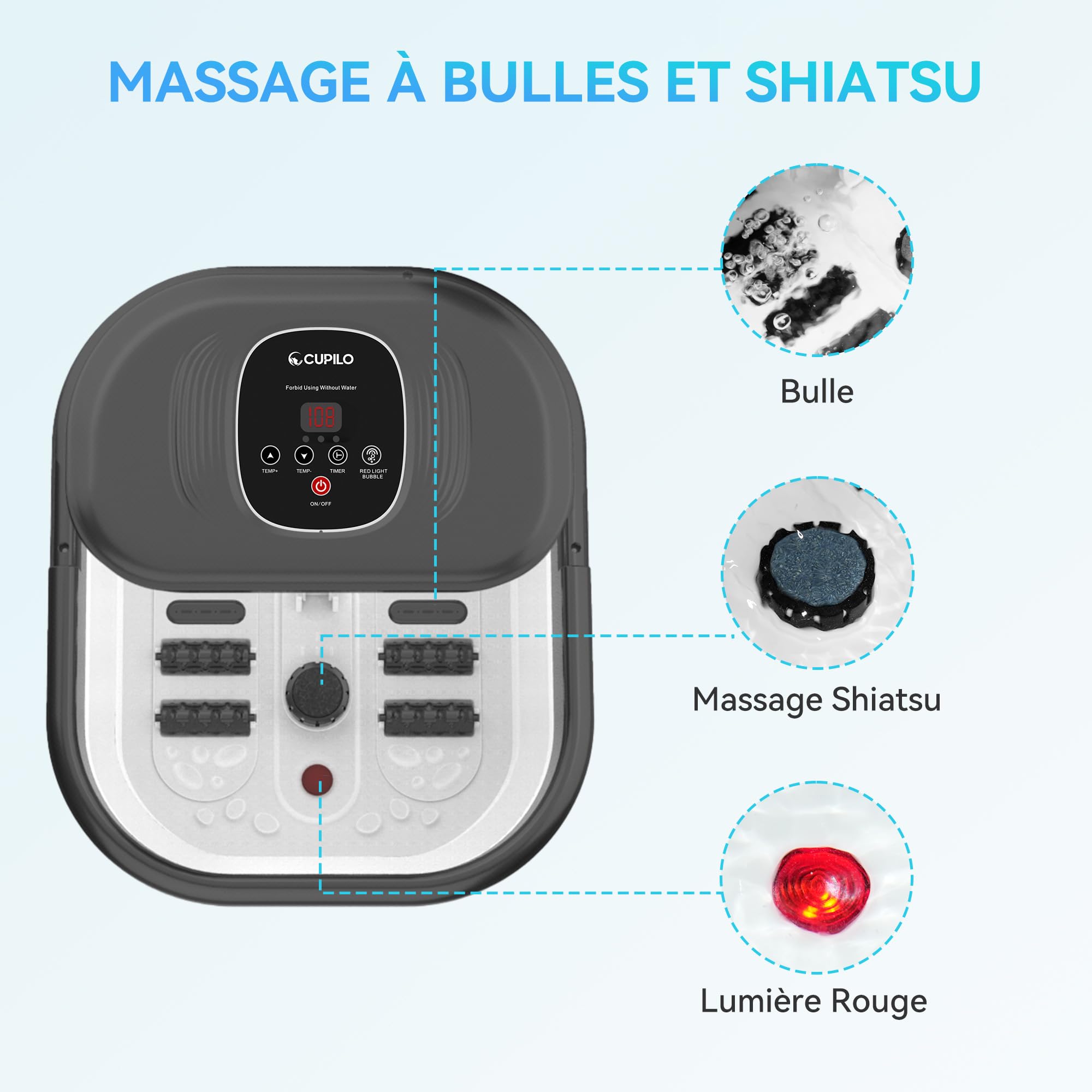 CuPiLo Fußbad mit Massagefunktion, Faltbare Fußbadewanne mit Heizfunktion, Fußsprudelbad mit Blasen, Infrarot, Bimsstein & 8 Massagerollen, Fussbad Massagegerät für Wellness, Pediküre & Entspannung