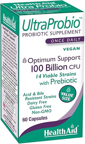 HealthAid UltraProbio, 100 mil millones de 60 cápsulas una vez al día, soporte óptimo 100 mil millones con prebióticos, resistentes a ácidos y
