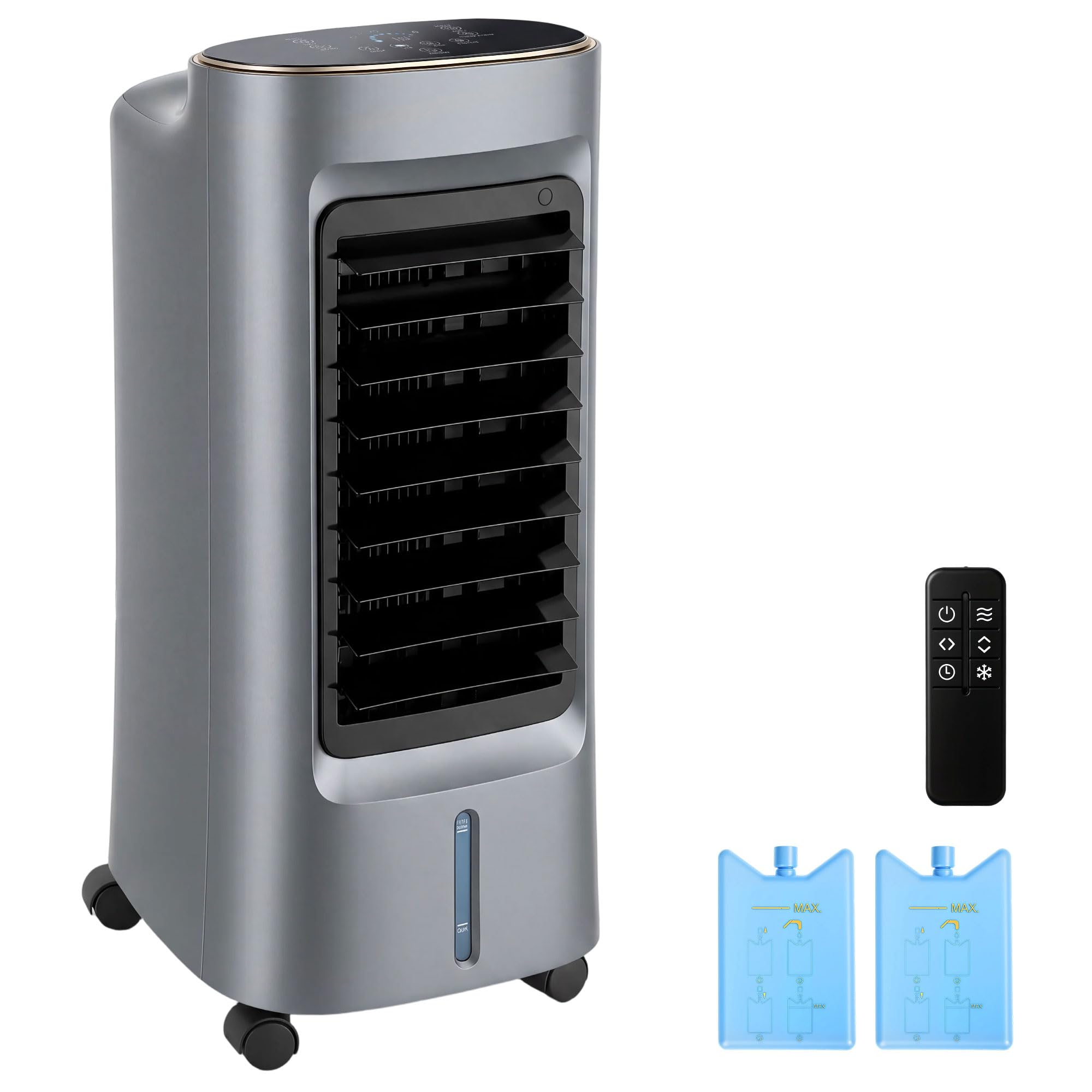 HOMCOM Refroidisseur d'air mobile 4 en 1 humidificateur, purificateur et ventilateur, oscillation 90°, 3 vitesses, 3 modes, réservoir d'eau 6L, packs de glace, télécommande, pour chambre bureau, gris