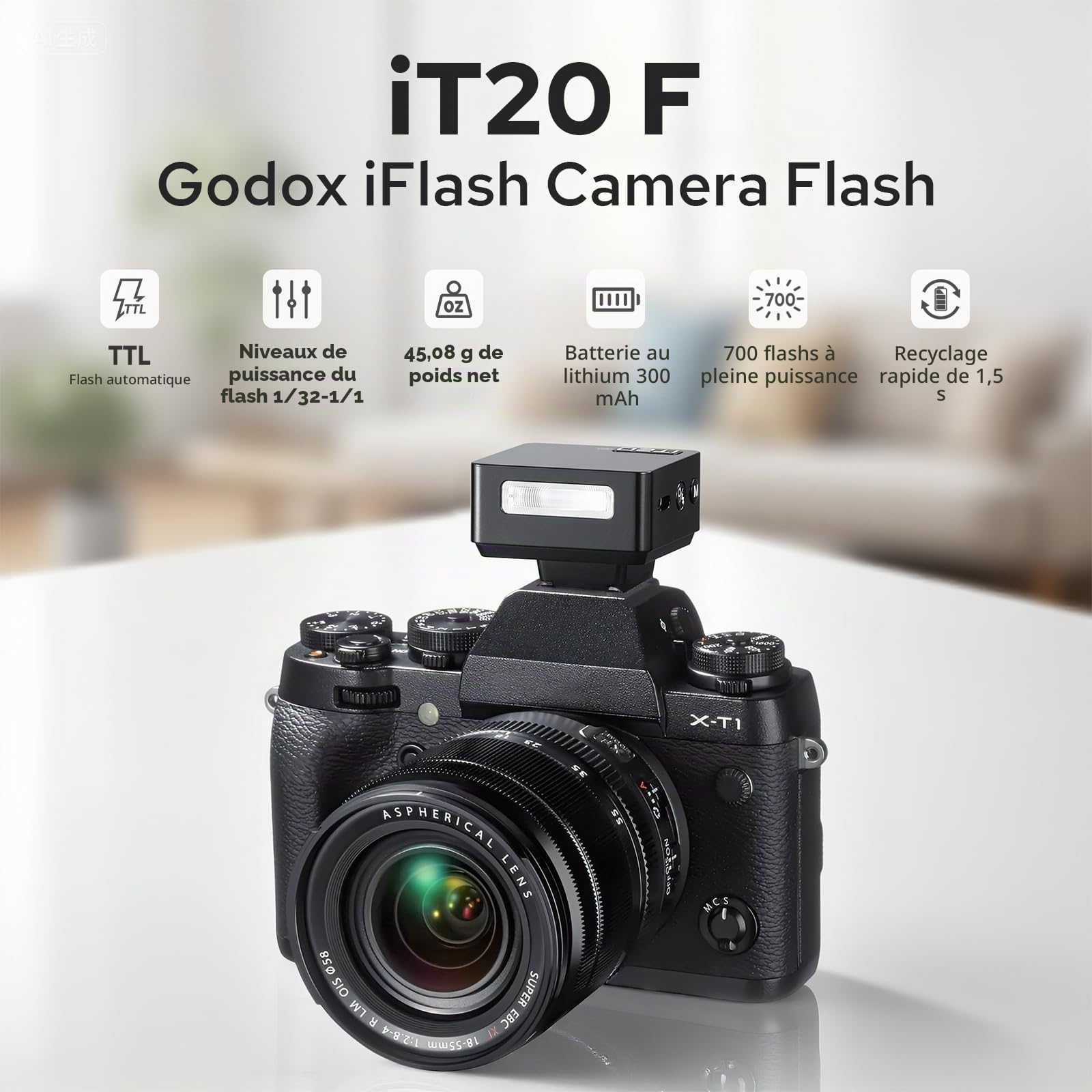Godox iT20F TTL Mini Flash pour Fujifilm, Batterie Intégrée Recharge USB-C | Flash Appareil Photo, 700 Flashes à Pleine Puissance, 1,5 s Recycle Rapide, Diffuseur Magnétique et Filtre de Couleur (Noir)