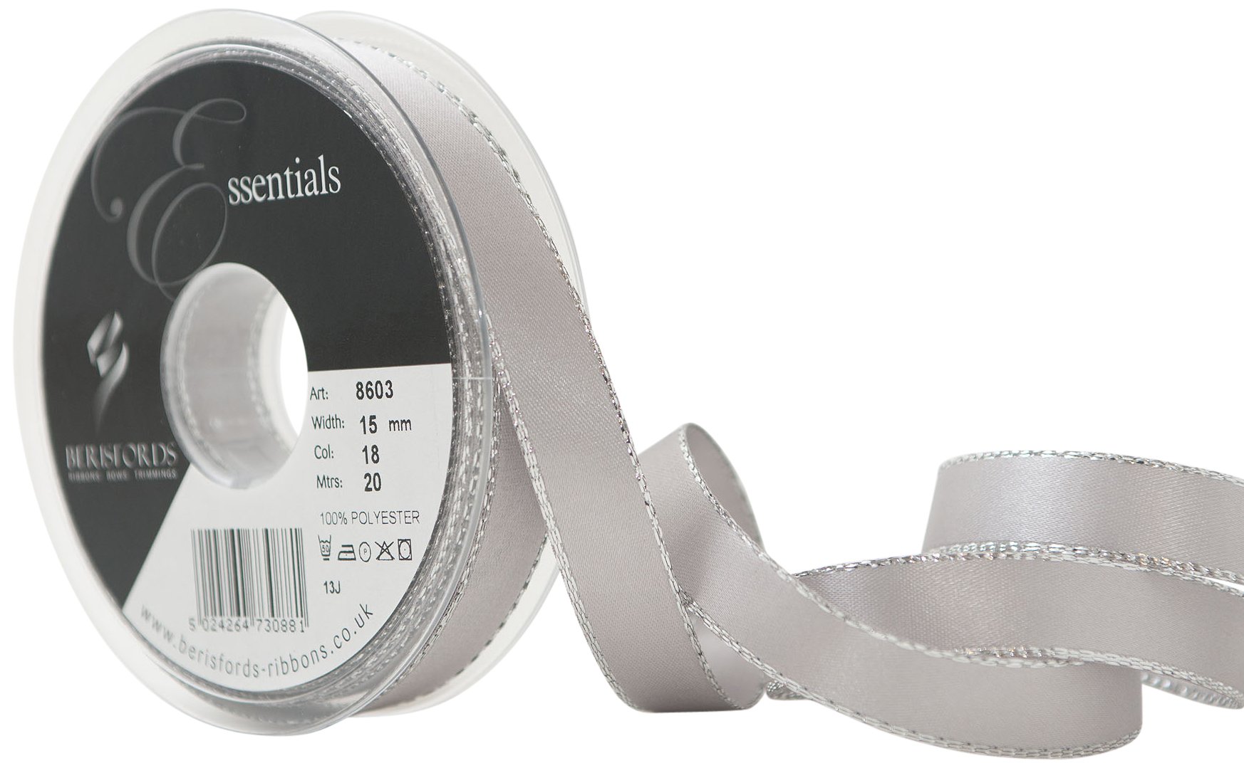 Berisfords Silver Grey 8603-Sg-15 15 Mm Silver Edge Satin Ribbon,