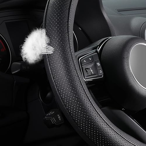 Miniatura 142 de SEG Direct Funda universal para volante de automóvil, de 15 pulgadas, piel de microfibra, color blanco y gris Negro y gris