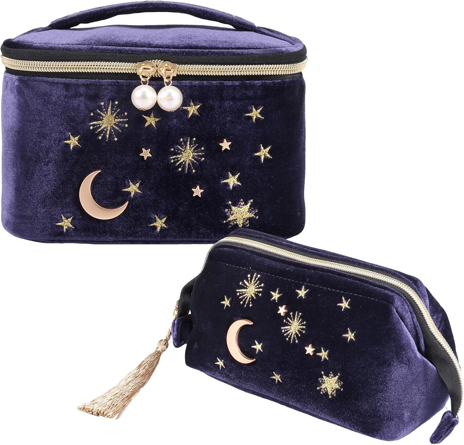 2Pcs Goth Makeup Bags Velvet Handy Cosmetic, Moon Stars Makeup Bag, Embroidered Moon Stars Makeup Bag, Large Capacity Starry Pouch with Tassels, Cute Storage Bags Clutch Handbags for Travel Home