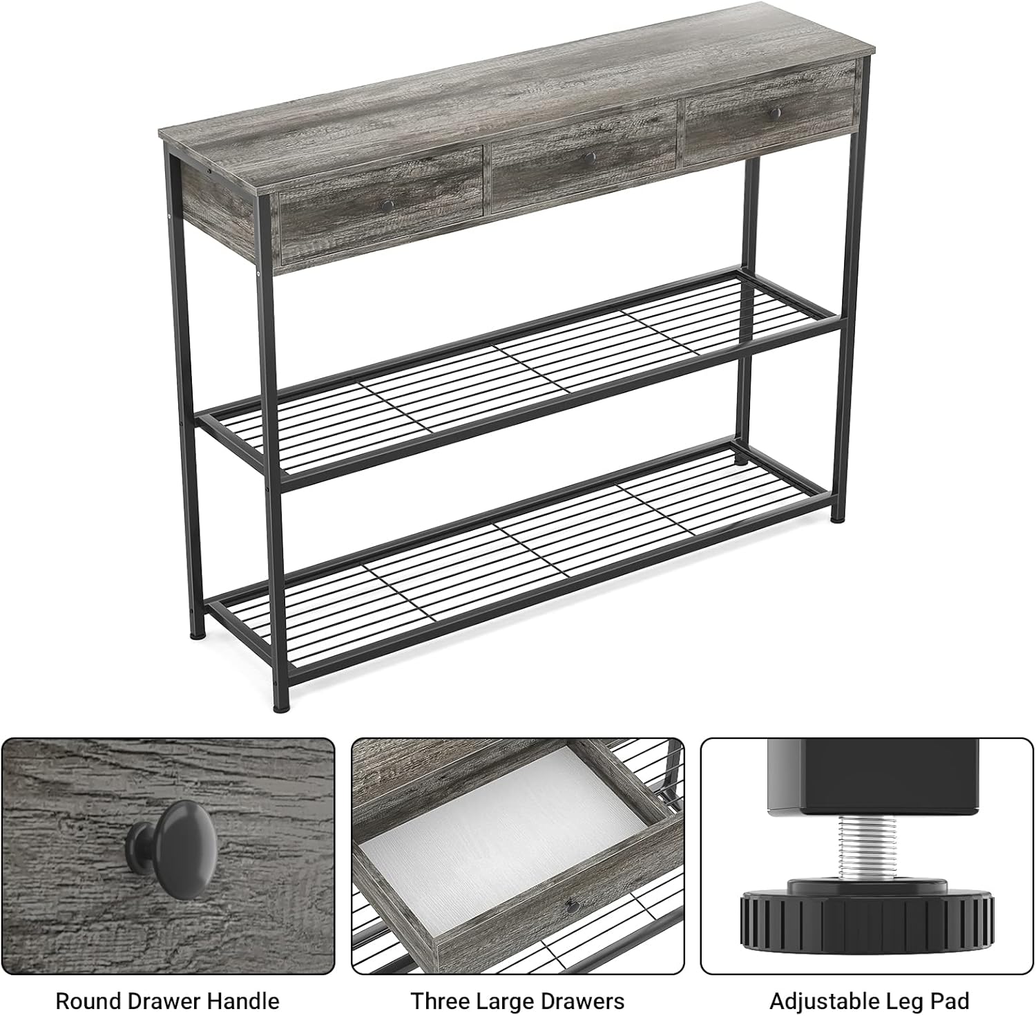 Ecoprsio Console Table with 3 Drawers, 47 Inch Gray Sofa Table Entryway Table Narrow Long with Storage Shelves for Entryway, Front Hall, Hallway, Sofa, Couch, Living Room, Kitchen, 47 Inch, Grey : Home & Kitchen