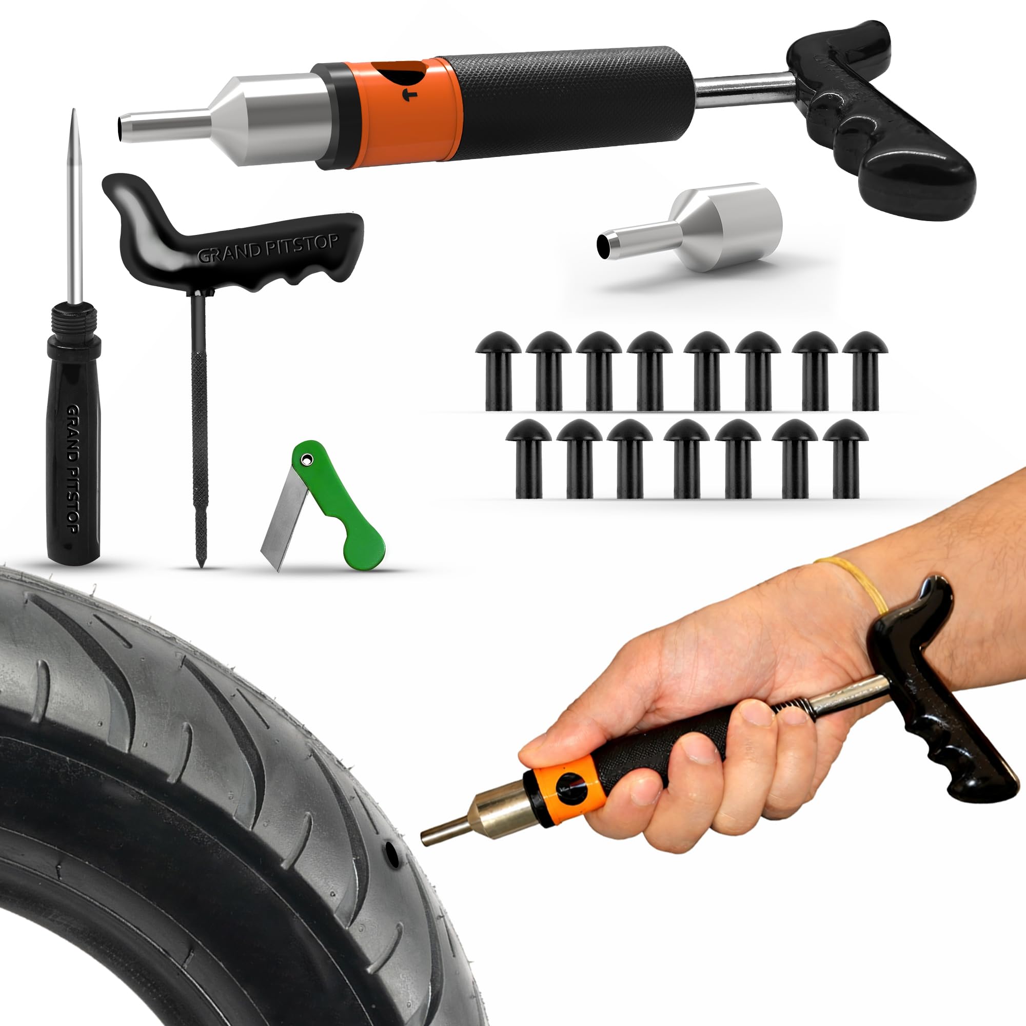 GRAND PITSTOP 21 Pcs Tubeless Tire Plugger Repair Kit with Multi-funcional Plier for Punctures and Flats on Cars, Motorcycles, ATV, RV, SUV, Trailer, Trucks & Tractors (15 Mushroom Plugs)