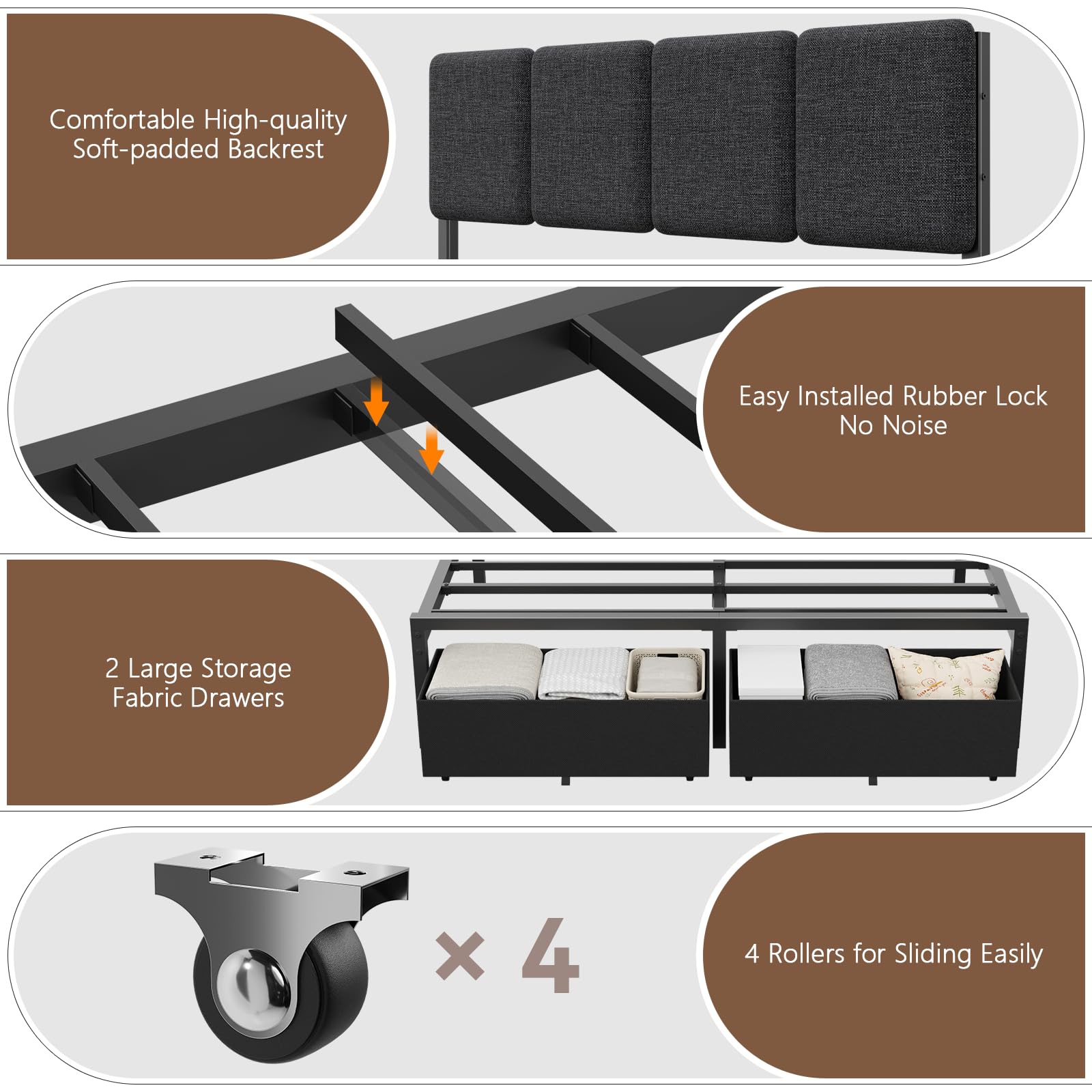 Base de cama de tamaño matrimonial con cabecero, cama tapizada matrimonial con luz LED, estación de carga USB, base de cama de plataforma con 2 cajones de almacenamiento debajo de la cama, no 3