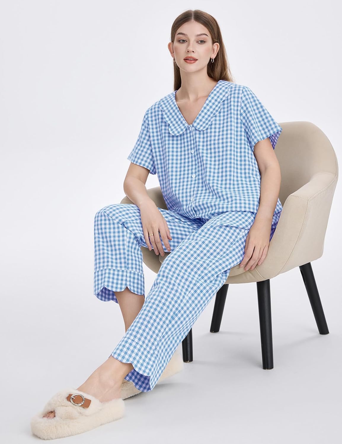 Kissonic Womens Gingham Pajama Set Cute Cotton Ruffle Pajamas Cozy Plaid Y2K Pjs Babydoll Sleepwear