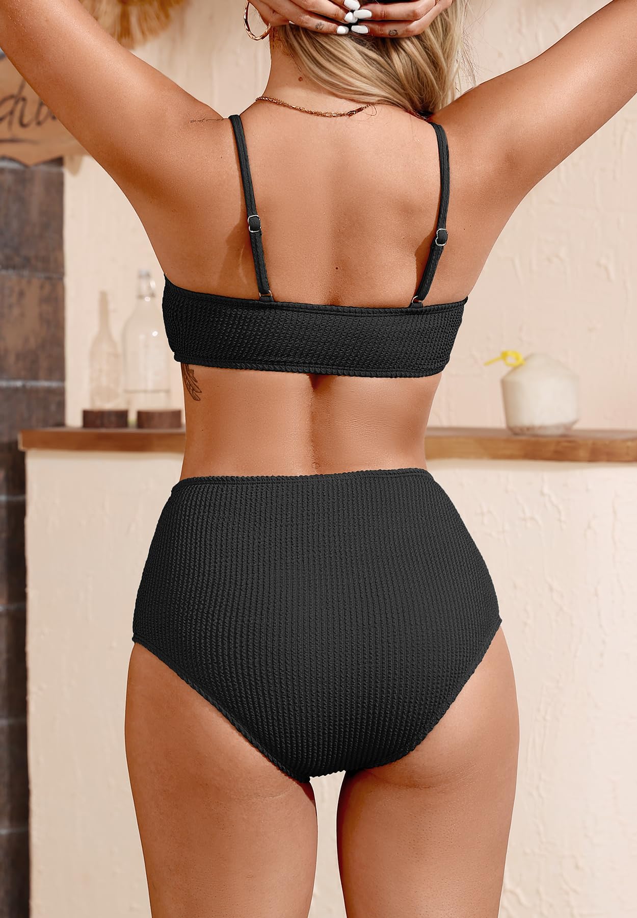 PONCEAU Bikini Damen Set High Waist Bauchweg - Gerippte Bademode mit Sport Oberteil & Hoher Bund Unterteil Strukturierte Bademode Zweiteiler Badeanzug für Strand & Pool