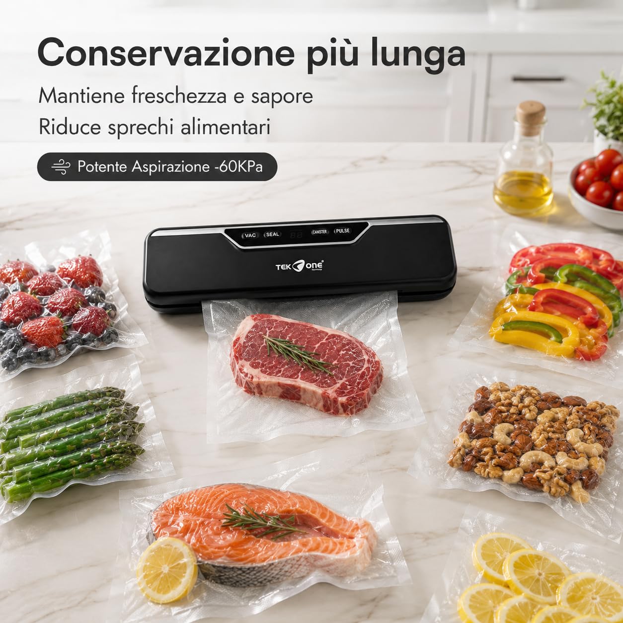 Macchina Sottovuoto Automatica 110W con 10 Sacchetti Inclusi | Sigillatrice Alimenti Compatta VAC/SEAL | Aspirazione -60KPa | Barra Saldante 30 cm | Display Touch Nero