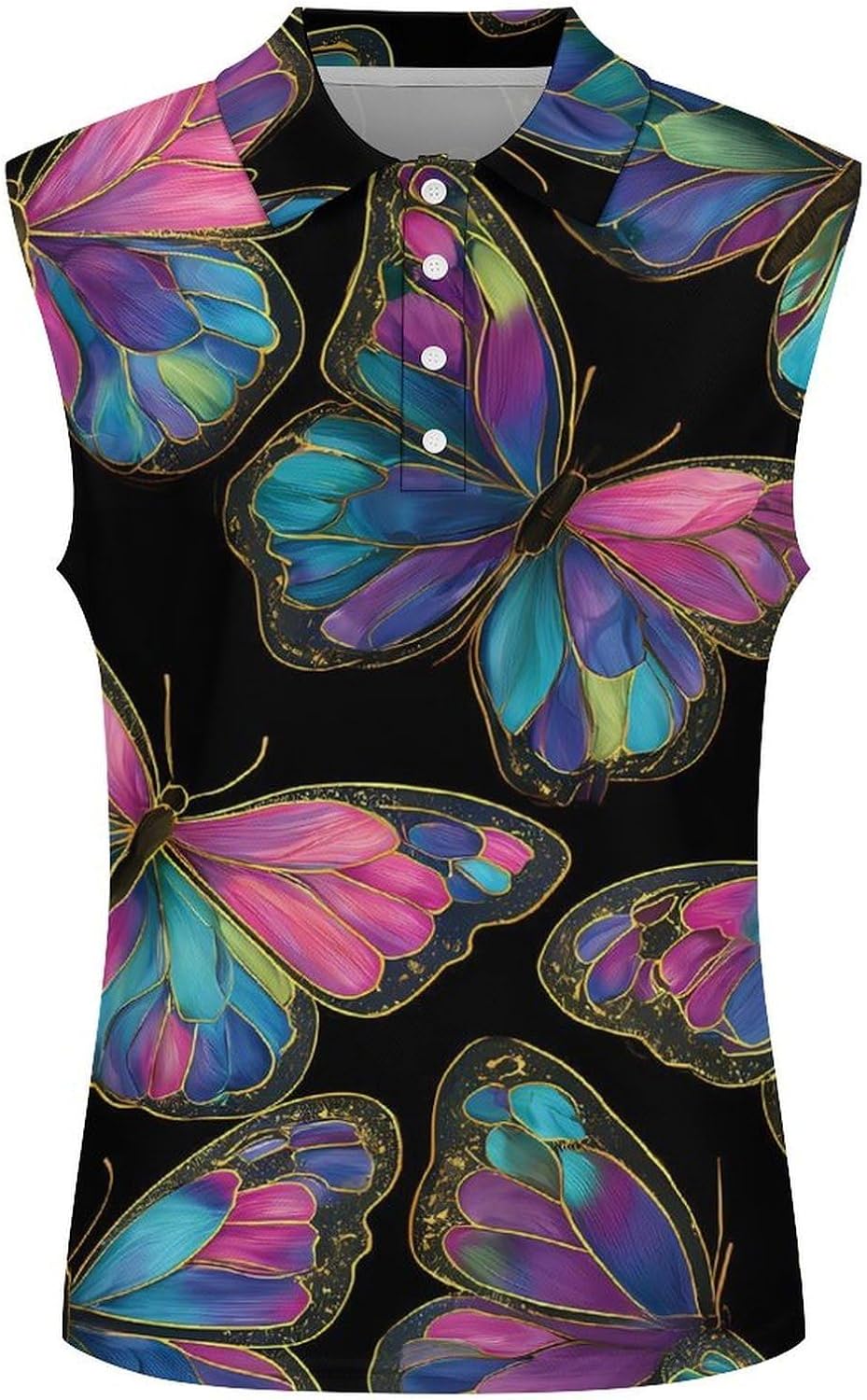 Colorful Butterflies Women Sleeveless Collared Golf Polo Shirt | V Neck Tank Top,Breathable Tennis Shirts