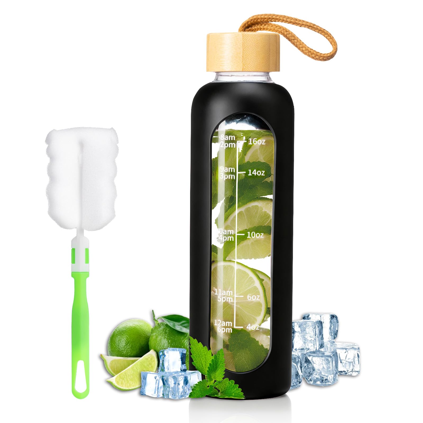 FrutPunch Glass Water Bottle, 500ml Water Bottle with Time Markings, Leakproof Glass Water Bottle with Silicone Sleeves, Suitable for Offices and Gyms, Black — image 1