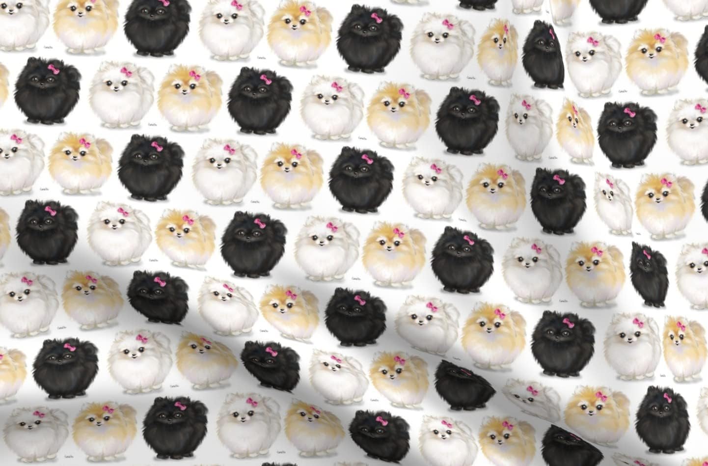 Spoonflower Fabric - Pomeranians White Pomeranian Dog Puppy Pet Cute Horizontal Bow Printed on Upholstery Velvet Fabric Fat Quarter - Upholstery Home Decor Bottomweight Apparel