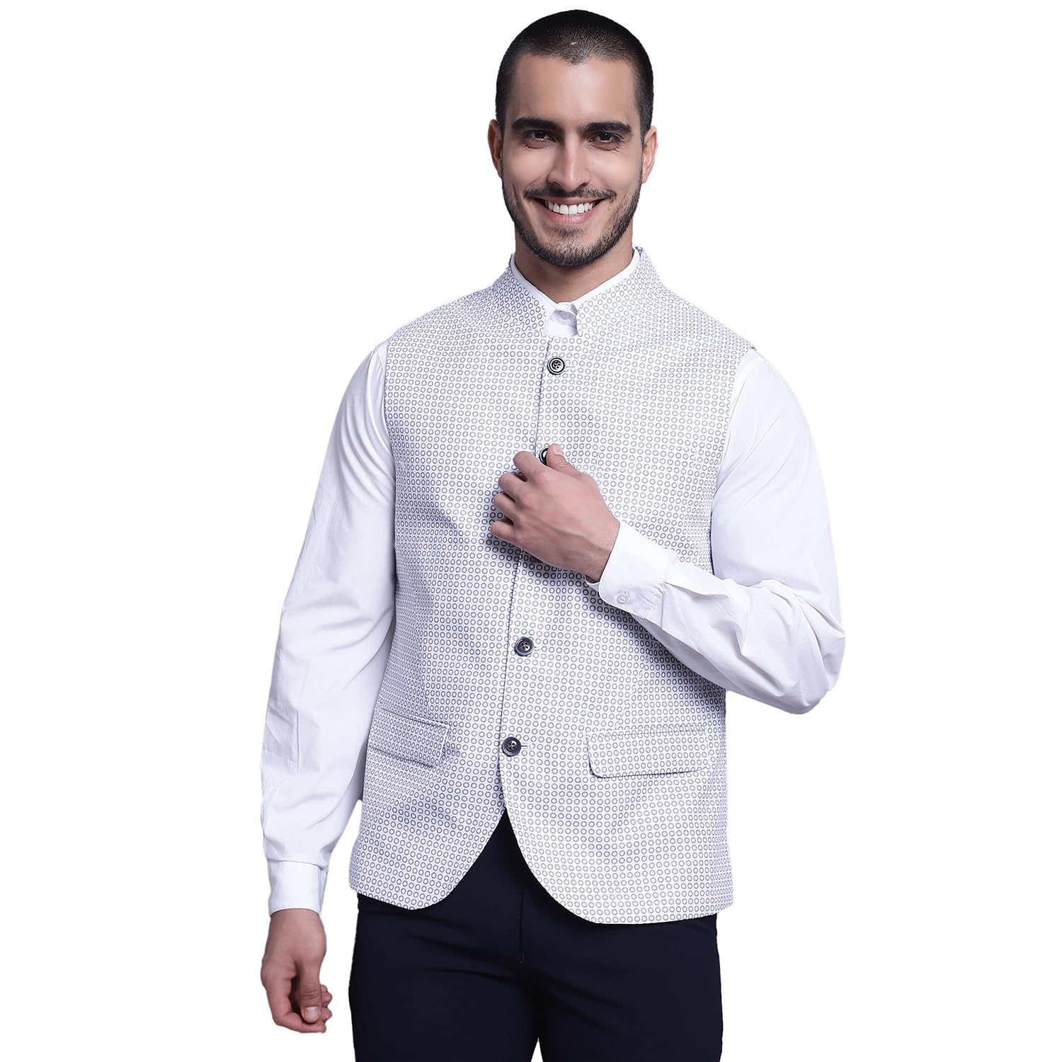 Men Cotton Blend Printed Band Neck Formal White Waistcoat (P_MWCF00034_WHITE)-image-3