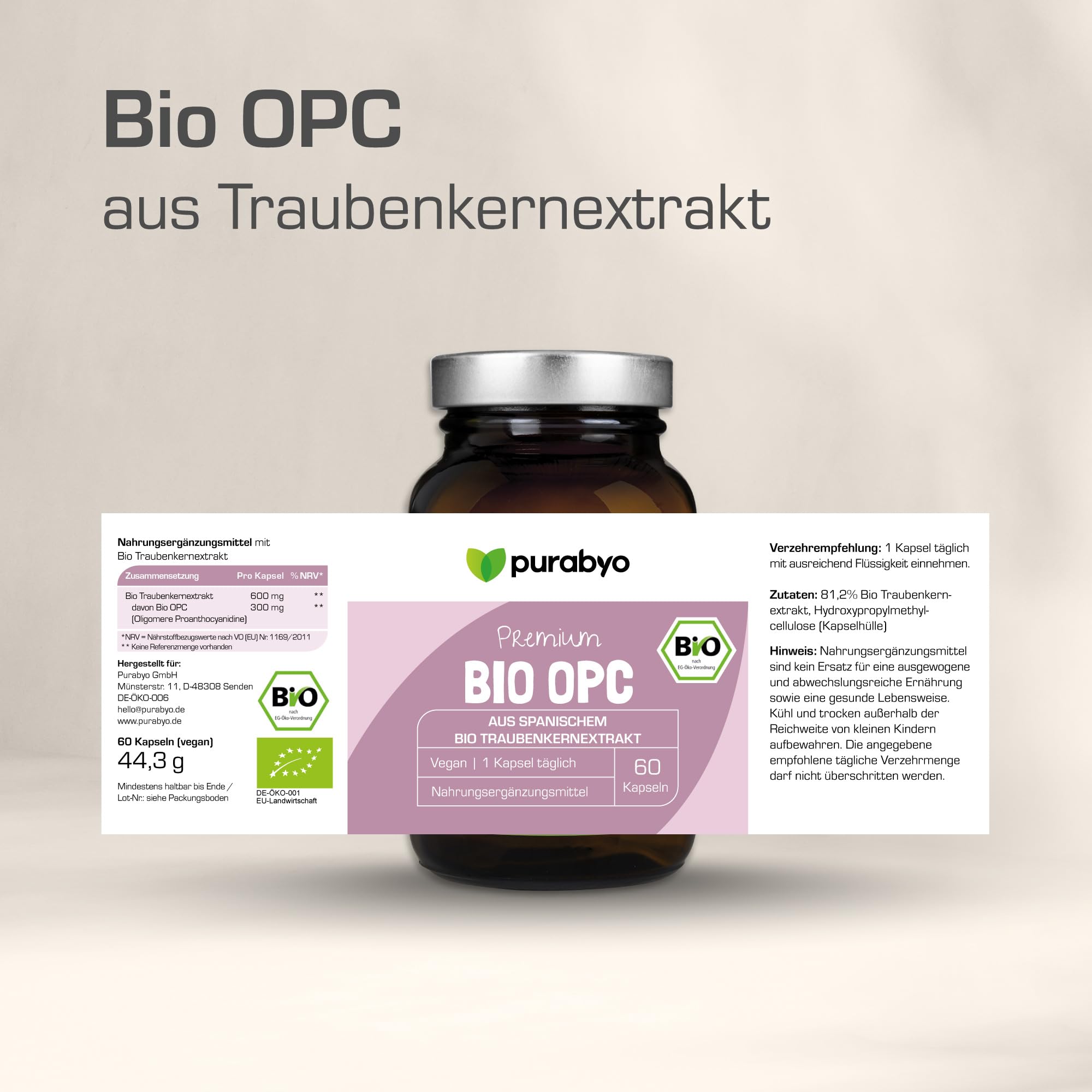 Purabyo OPC BIO Traubenkernextrakt | im Glas | 300mg OPC pro Kapsel (HPLC laborgeprüft) | Bio Anbau in Spanien | wasserextrahiert | OHNE Zusätze | vegan, laborgeprüft, in Deutschland hergestellt