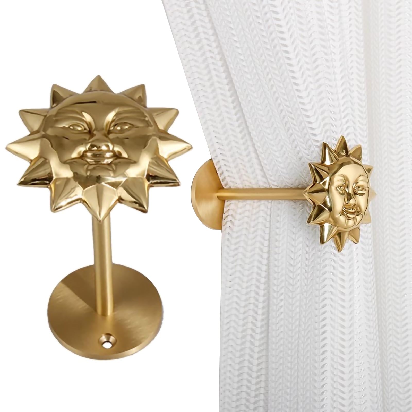 Generisch Goldene Sonnen- und Mond Gardinenhalter, Metallische Vintage Gardinenhaken, Dekorative Haken in Sonnen- und Mondform, Geeignet für Schlafzimmer/Wohnzimmer/Arbeitszimmer(Sun*1)