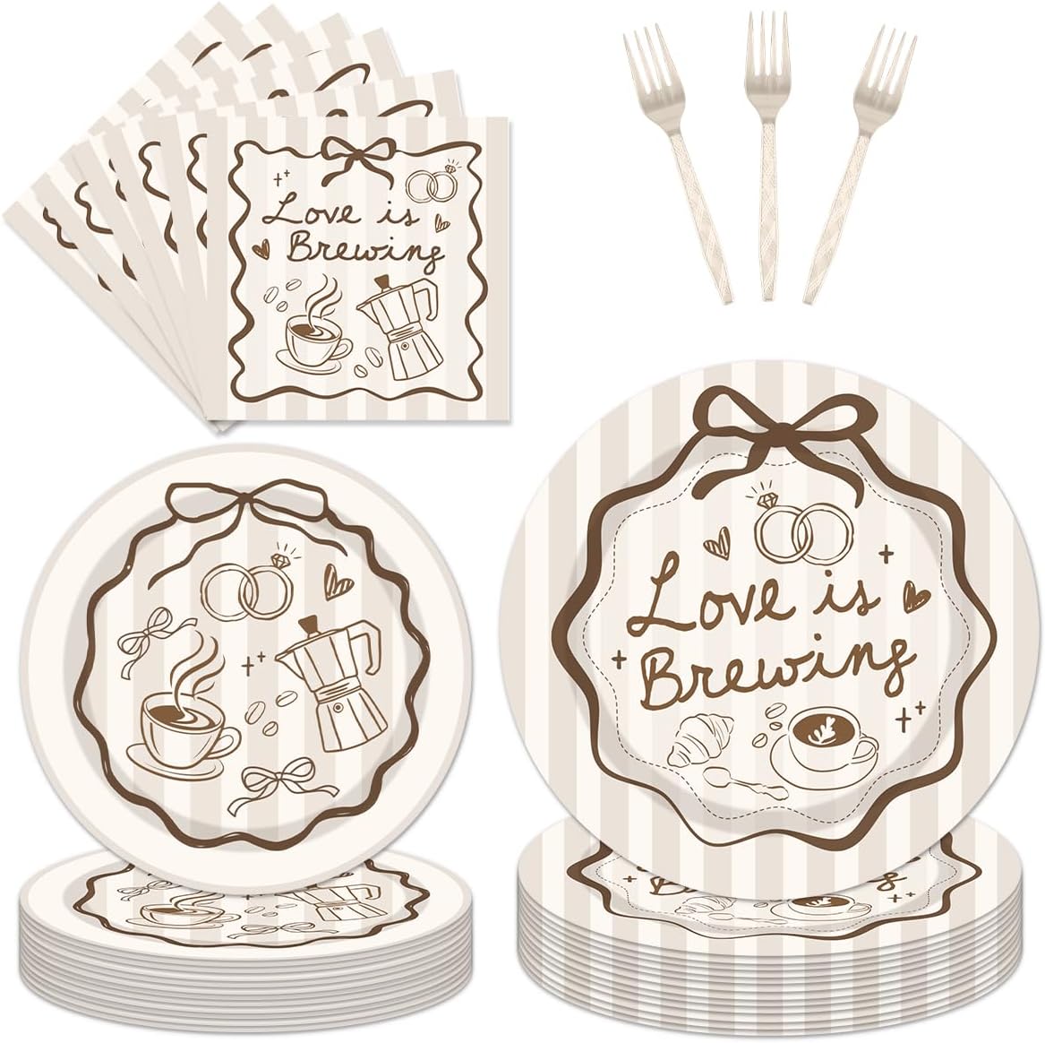 96Pcs Love Is Brewing Bridal Shower Plates Napkins Sets Love is Brewing Coffee Party Decorations Supplies Tableware with Plates Napkins Forks for Wedding Engagement Bachelorette Party Serves 24 Guests
