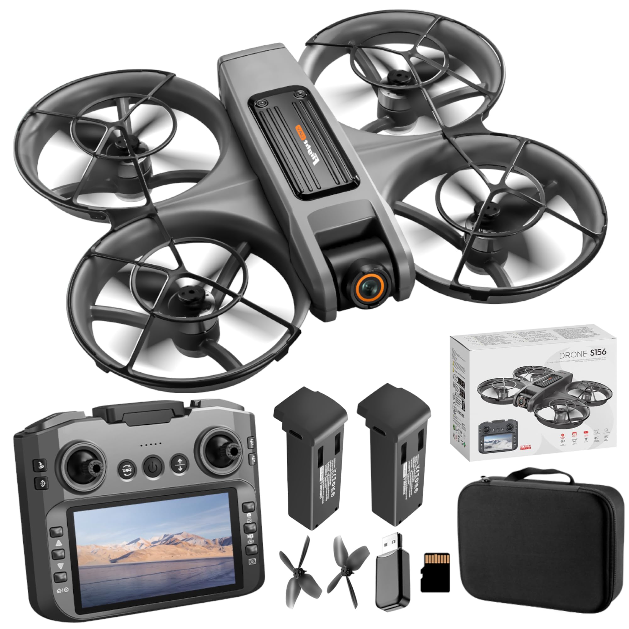 Drohne mit 4,9-Zoll-Bildschirm-Fernbedienung, HD-Dual-Kamera, bürstenlosem Motor, 360° Flips, optischer Flusspositionierung, Ein-Tasten-Start, 2 Batterien und SD-Karte, geeignet für Anfänger (Grau)
