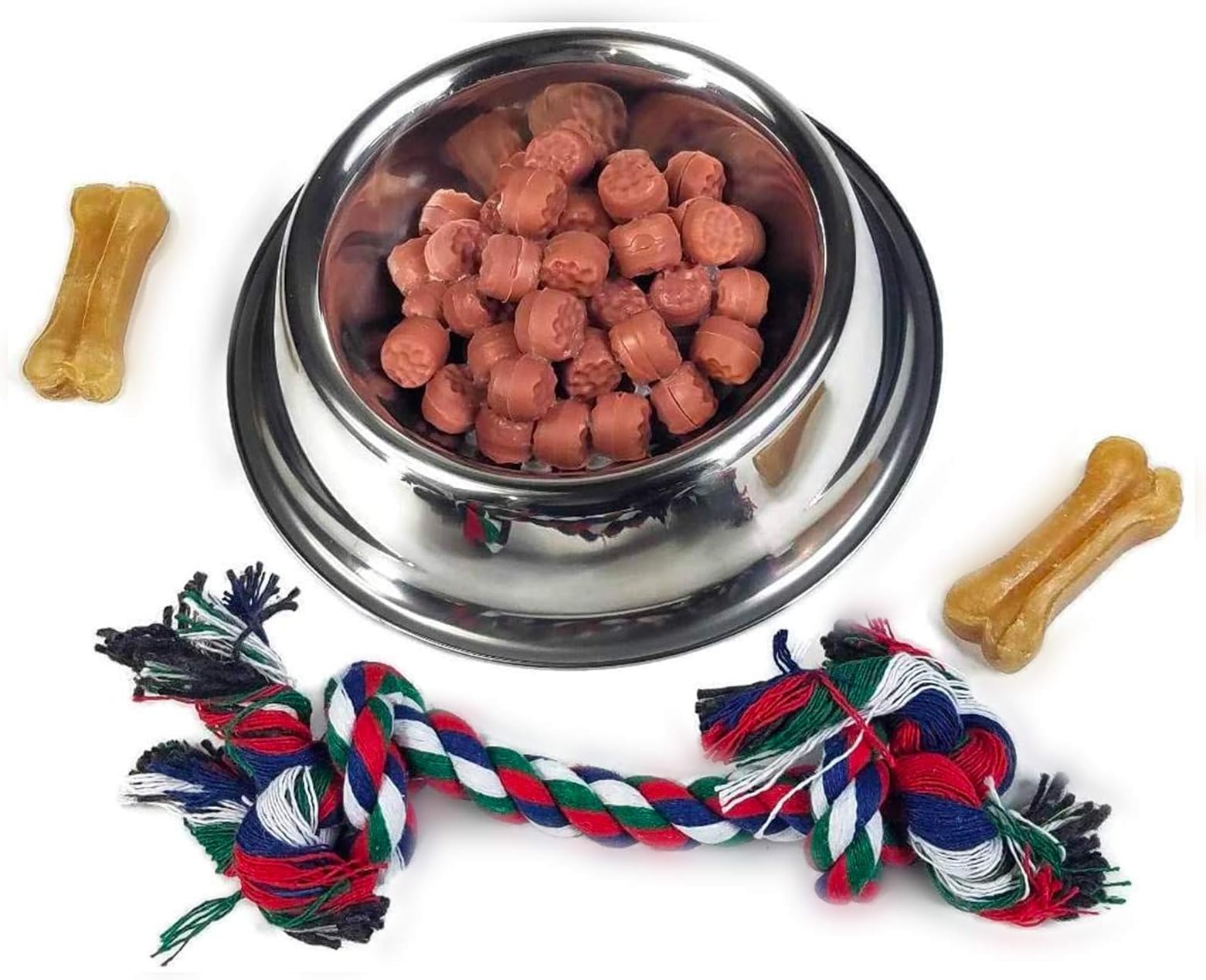 Silver Bowl with Simulated Pet Food, and Colorful Chew Toy
