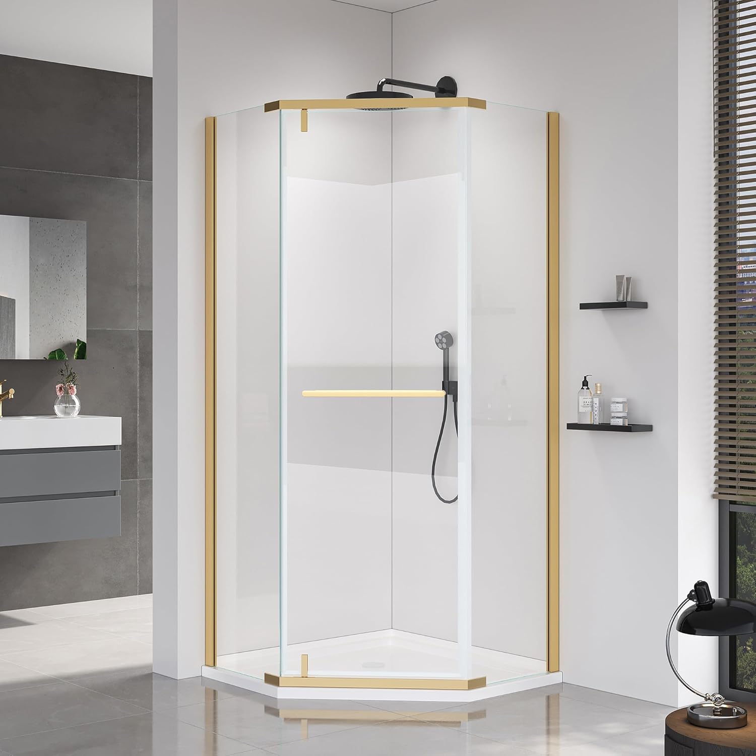 36" D x 36" W x 72" H Neo-Angle Shower Door, Corner Shower Enclosure with Explosion-Proof Film and Nano Coating, Stainless Steel Frame, 1/4” (6MM) SGCC Tempered Glass, Brushed Gold Finish
