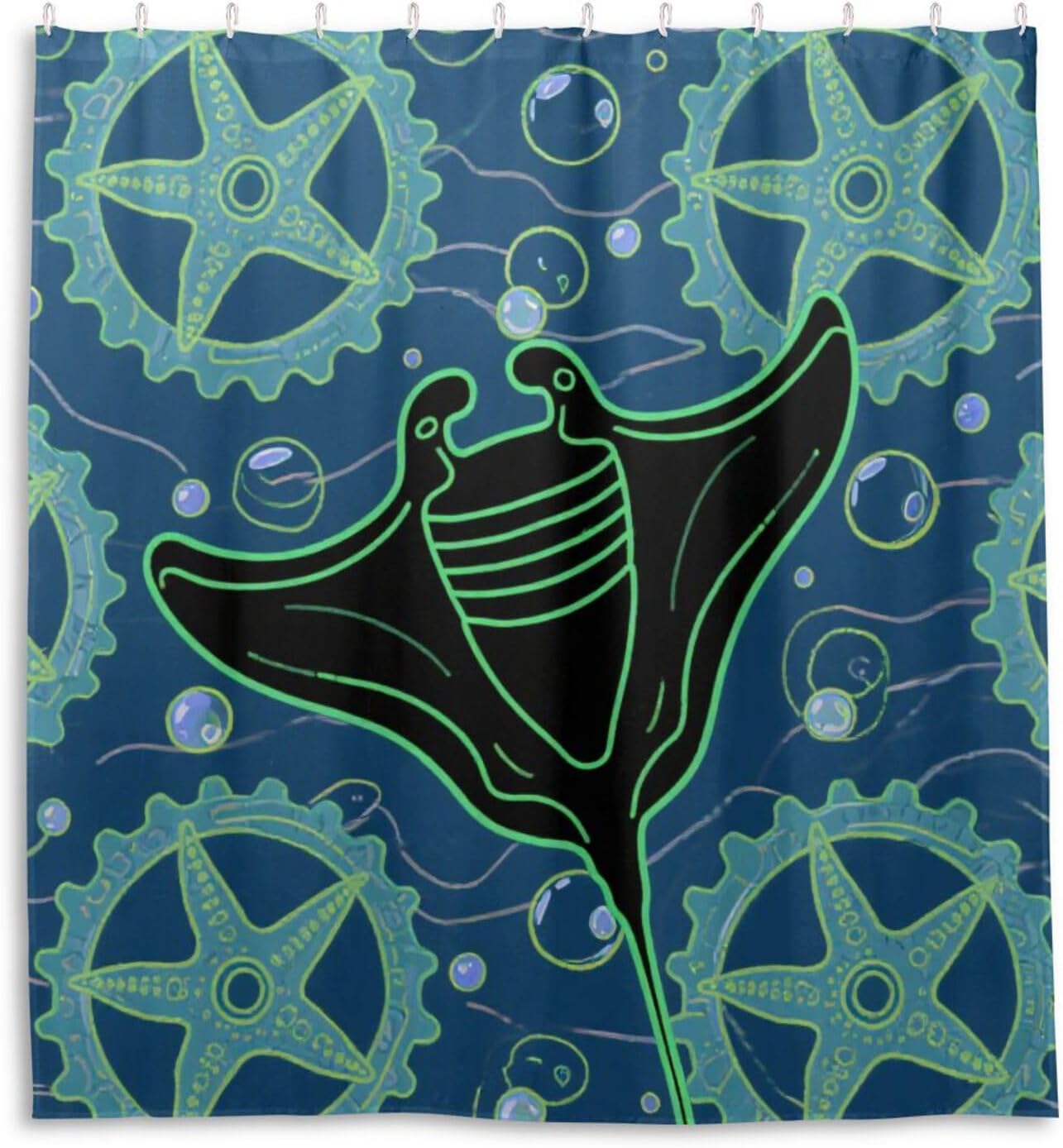 66x72 Inch Shower Water Proof Polyester Shower Curtain with Hook Animal Manta Ray Wheel Black Blue Polyester Washable Fabric Long Shower Curtain Liner for Bathroom Showers