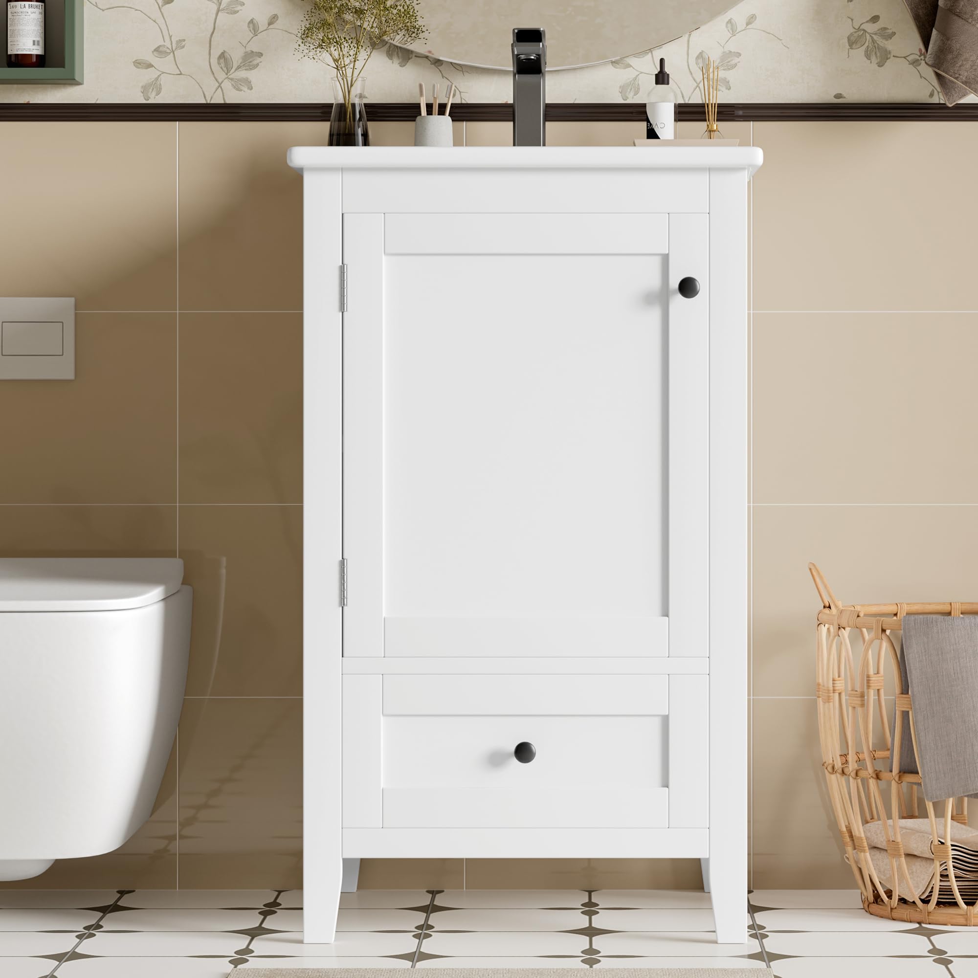 51 x 46 x 85 cm, mueble de baño de pie con lavabo, lavabo completamente lacado, estante para puerta, cajón silencioso con gran capacidad, estante ajustable, lavabo de cerámica, color blanco