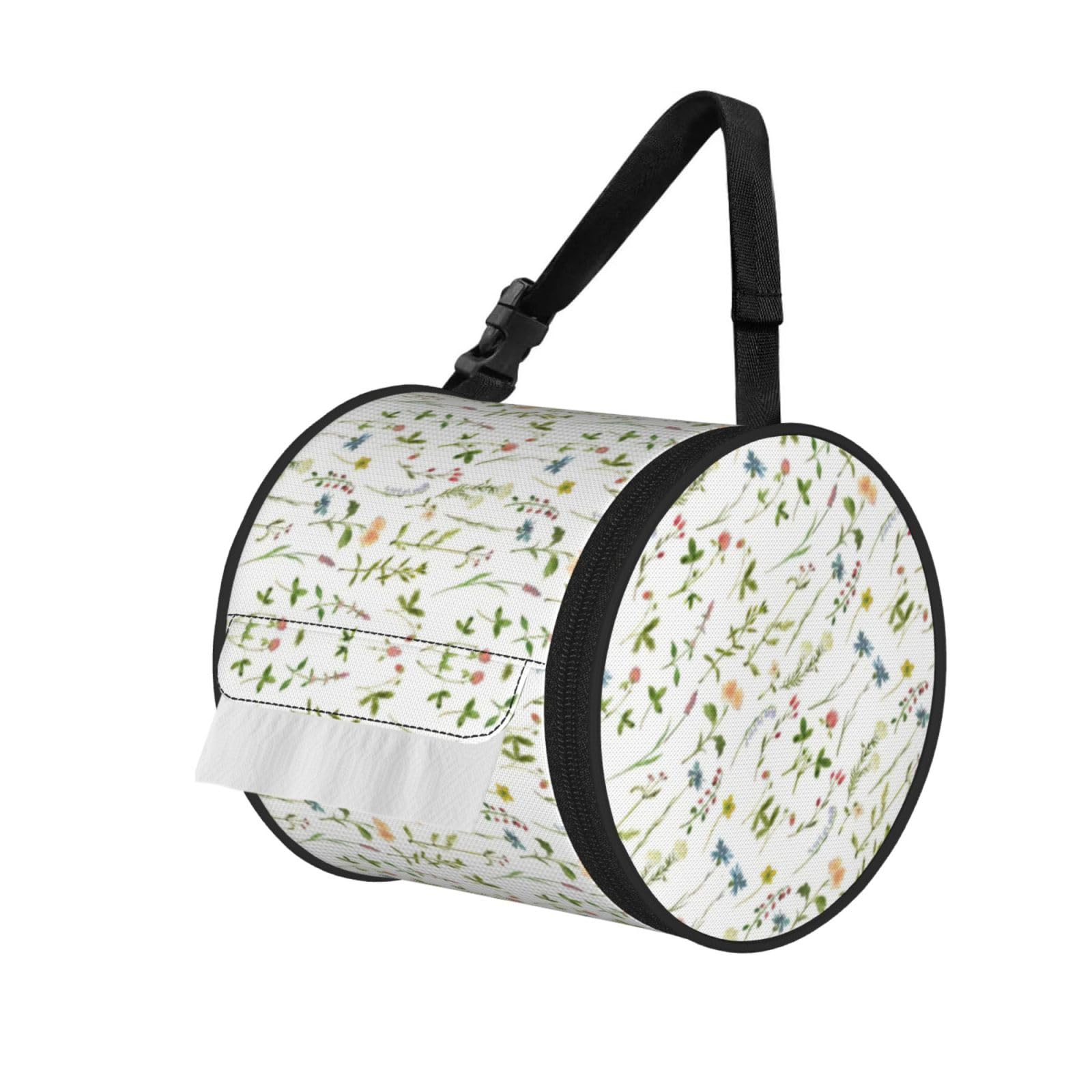 Season Watercolors Of Herbs Flowers Print Round Paper Tissue Holder With Shoulder Strap, Portable Roll Case For Caravan Travel Use
