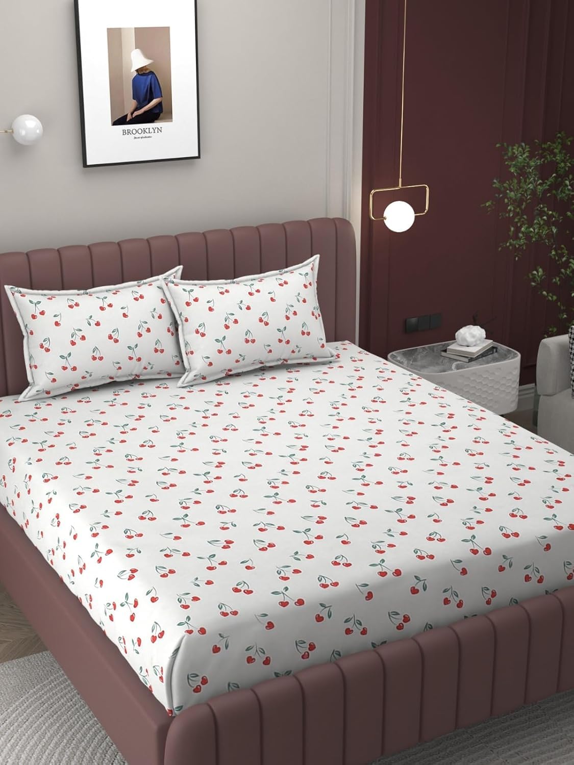CLiDE Presents 180 TC Microfibre Cotton Double Bedsheets | for Luxury Rooms | Elastic Fitted Double Bedsheet (72X78 inch) with 2 King Size Pillow Covers (Red Cherry)-picture-20