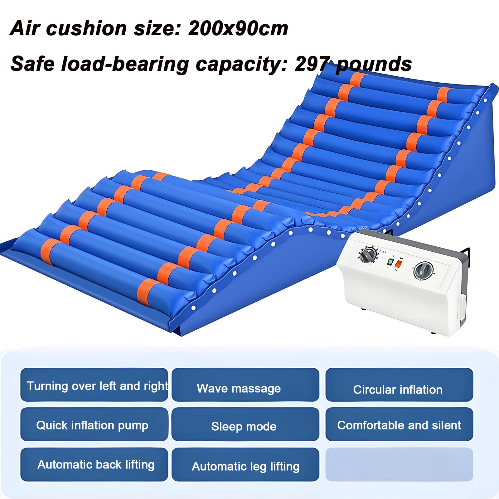 Cojín Inflable Antiescaras, Colchón De Presión Alterna con Giro Automático, Estomas Extraíbles, Giro a Izquierda Y Derecha, Elevación Automática De Espalda Y Piernas Y Modo De Sueño Ajustable