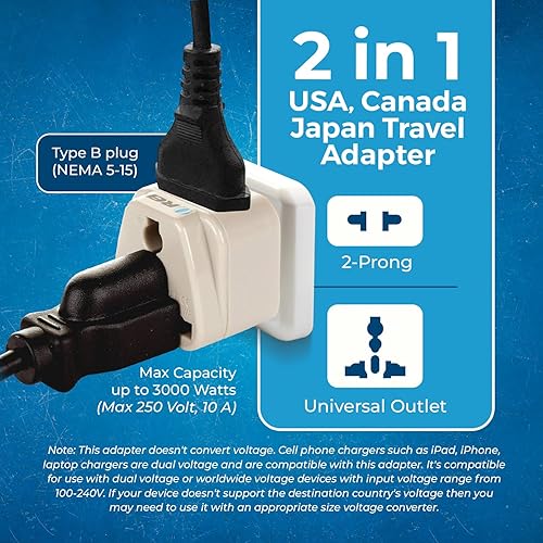 Miniatura 7 de OREI Enchufe adaptador de viaje para Estados Unidos, Japón, Filipinas y más (tipo B) - 2 en 1 - Certificado CE - Cumple con RoHS - Paquete de 4 -