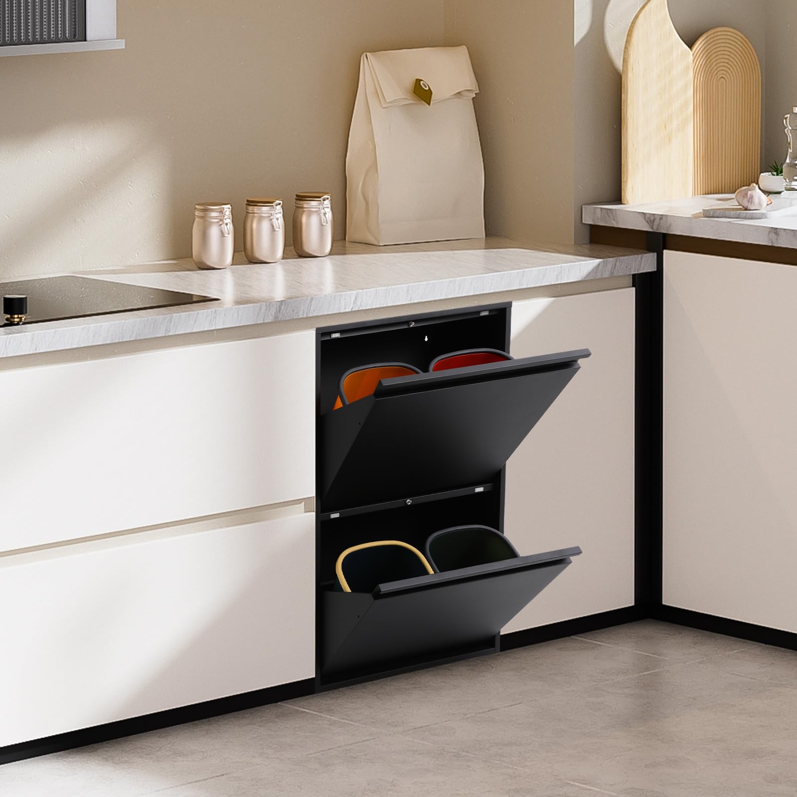 Cubo de basura de cocina, 4 x 15 L, sistema de separación de residuos de gran capacidad, cubo de basura con puertas abatibles, armario reciclado para hogares, oficinas, espacios comerciales