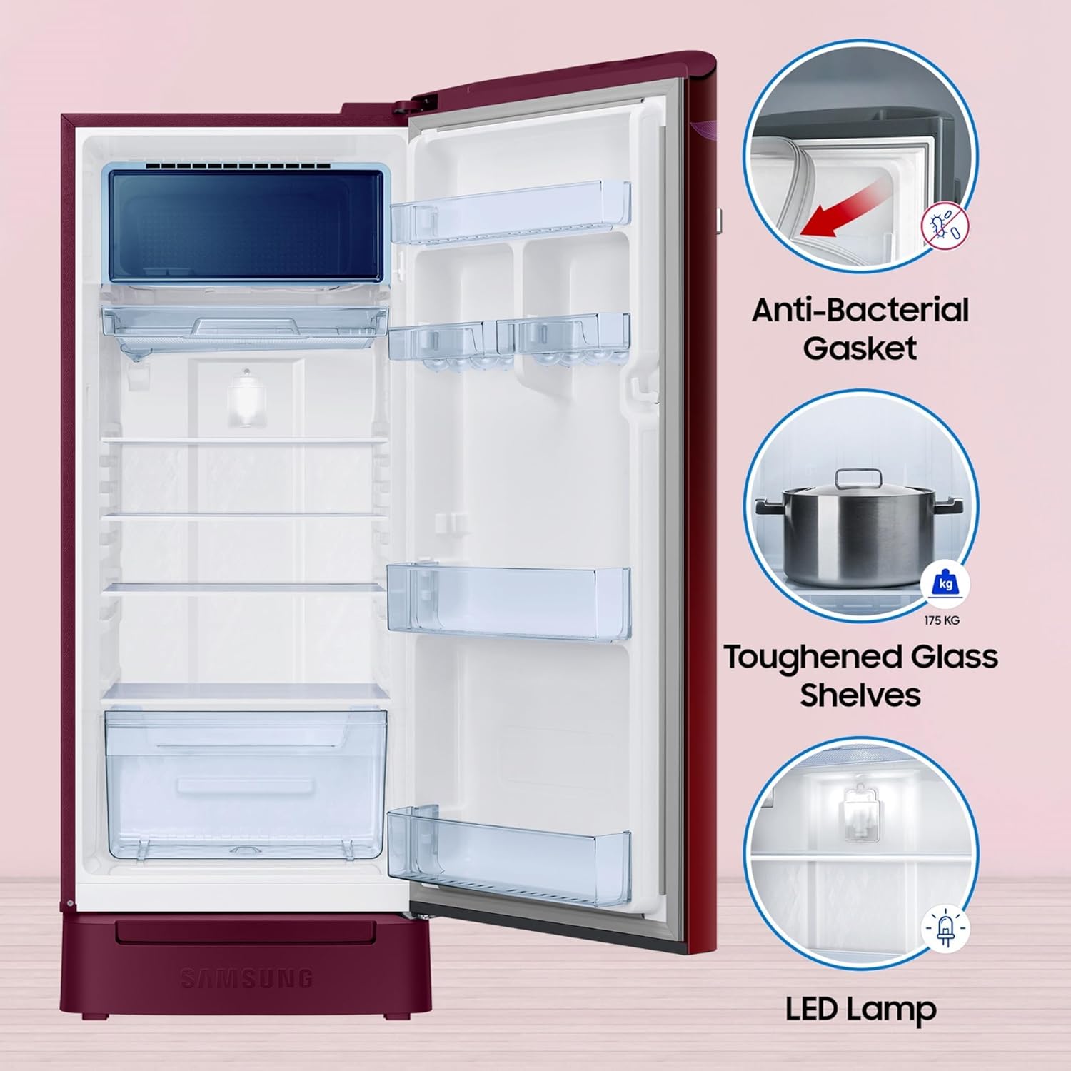 Samsung 215 L, 4 Star, Digi-Touch Cool Digital Inverter, with Display Direct-Cool Single Door Refrigerator (RR23C2F24NJ/HL,Orange Blossom Red, Base Stand Drawer, 2023 Model)
