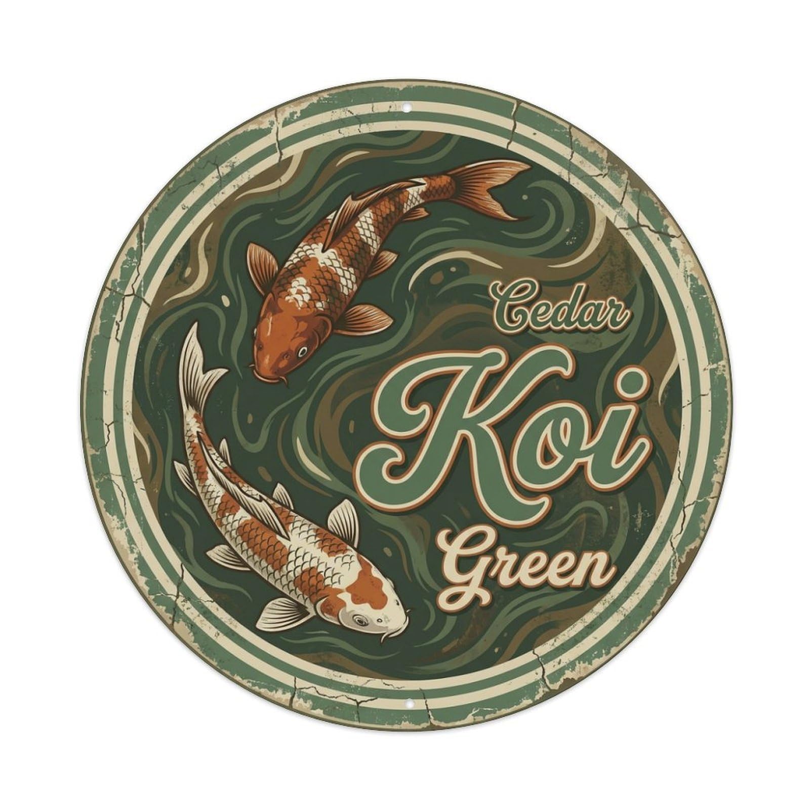 Koi Fish Cedar Green Waters Forest Woody Natural Earthy Metal Tin Sign