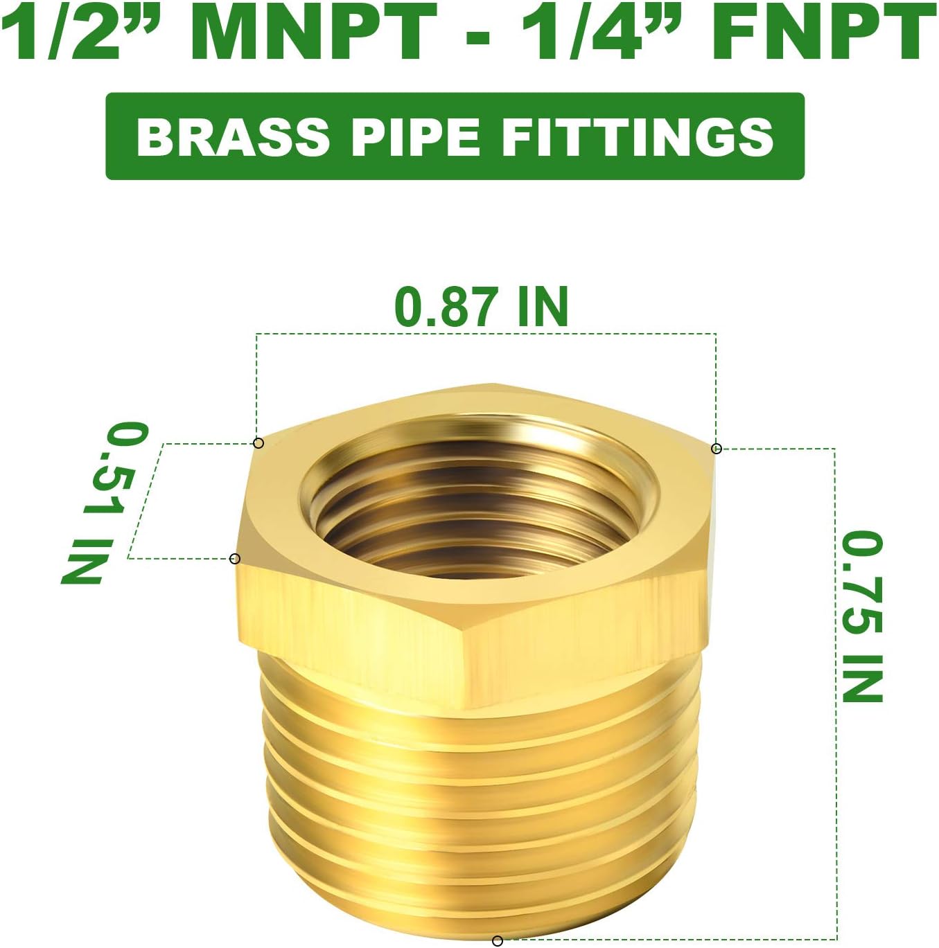 15PCS Brass Reducer Hex Bushing Threaded Pipe Fitting 1/2" NPT Male x 1/4" NPT Female Adapter