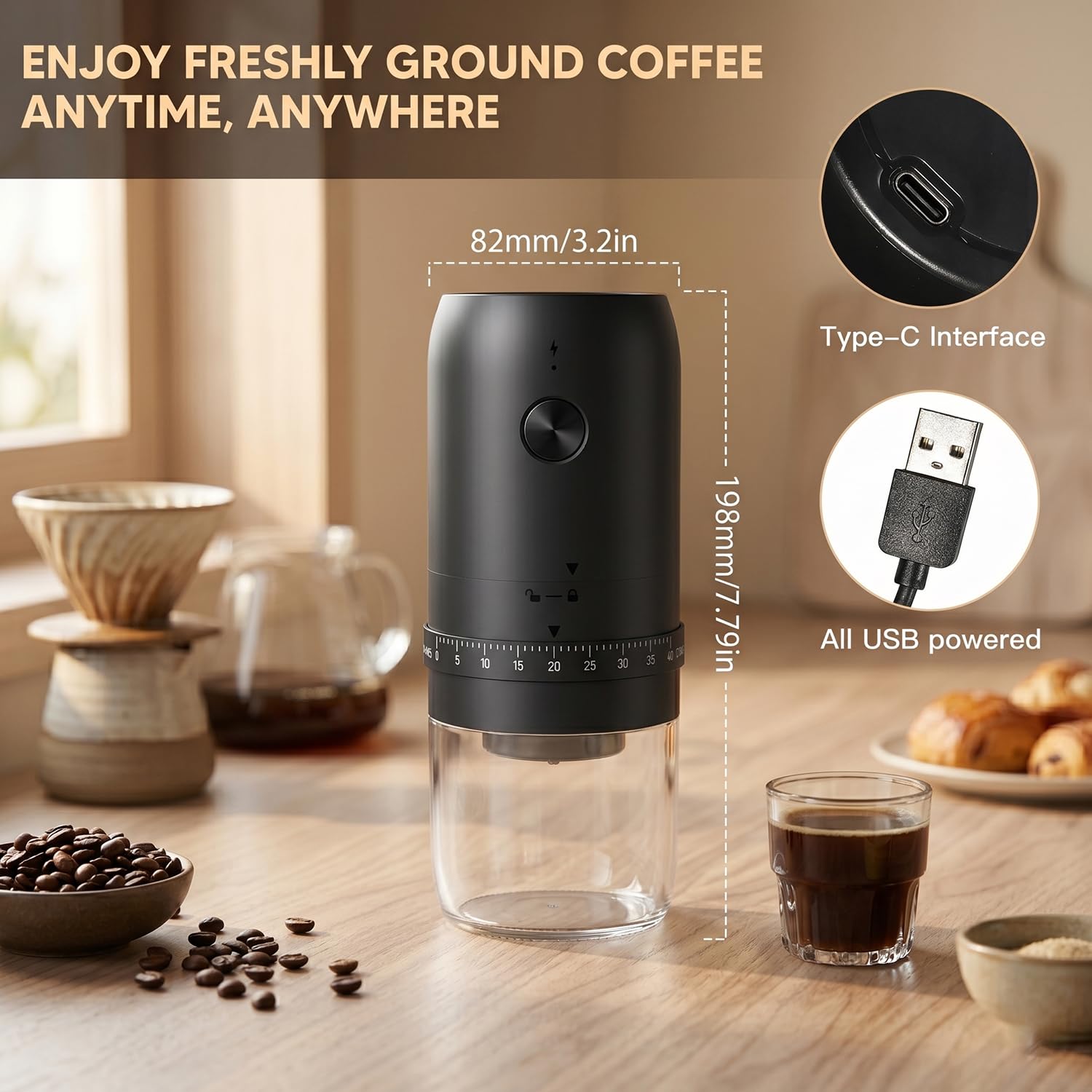 Molinillo de café eléctrico portátil, recargable por USB, 40 ajustes de molienda ajustables, automático de un solo toque, color negro