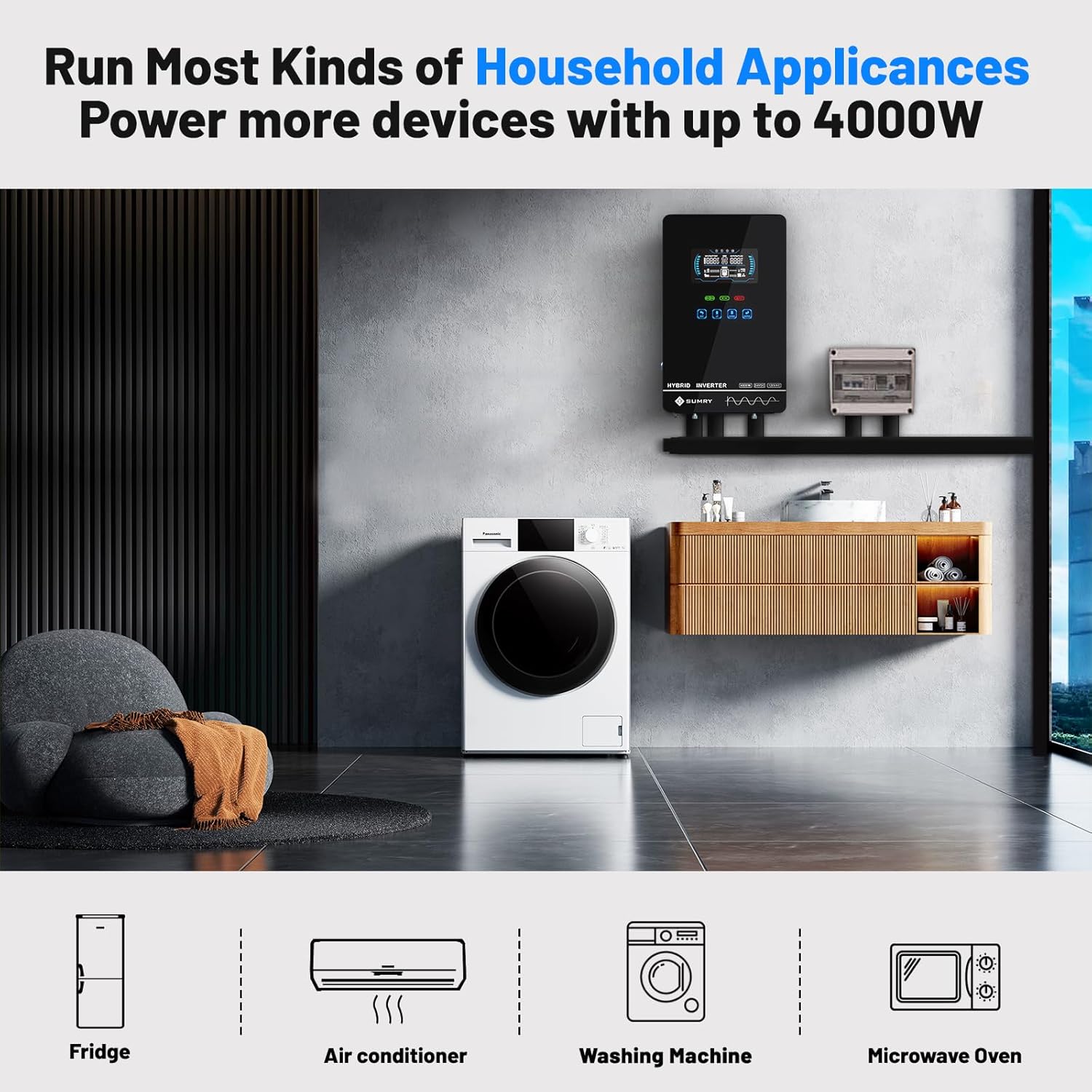 SUMRY Hybrid Solar Inverter, 4000W DC 24V to AC 120V Pure Sine Wave Power Converter, Glass Top Cover with LCD Display, 140A MPPT Charge Controller, Supports Battery-Less or AGM Lithium Battery HGX-4KW-24V