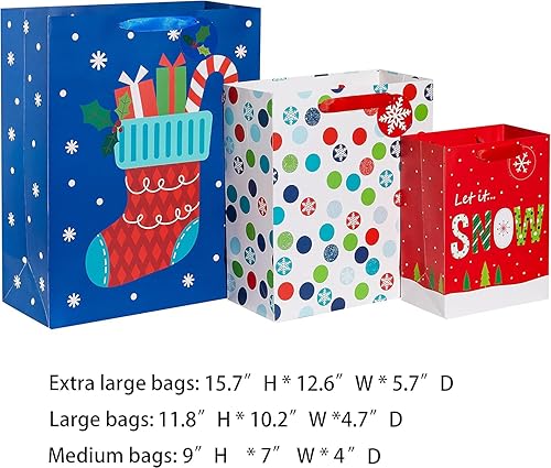 Miniatura 4 de SUNCOLOR Paquete de 12 bolsas de regalo de Navidad de varios tamaños con papel de seda (4 extra grandes de 16 pulgadas, 4 grandes de 12 pulgadas, 4